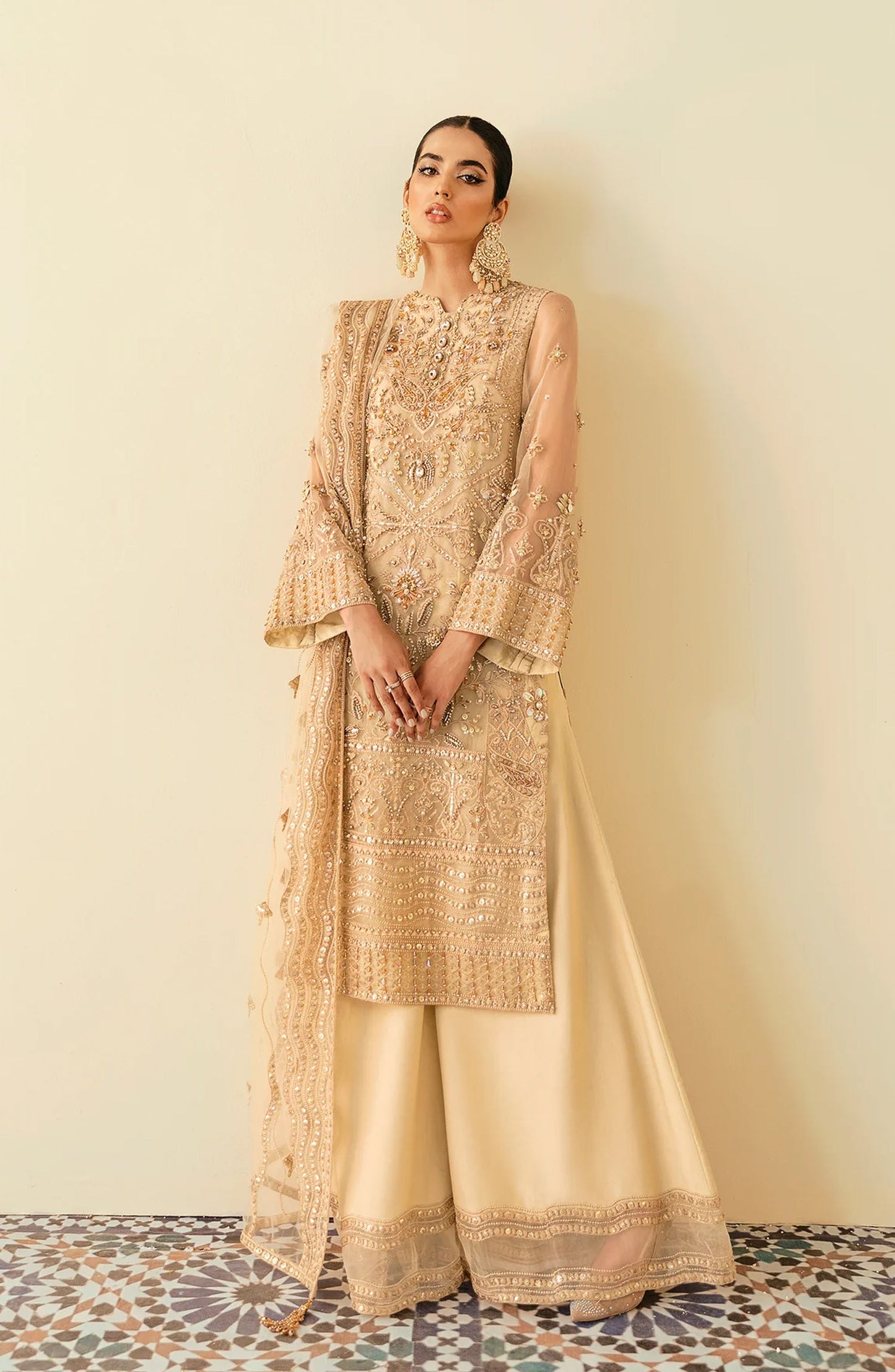 Elinor by Akbar Aslam Luxury Embroidered Organza Unstitched 3 Piece Suit - Amazona - AKA25ELN - Fawn - Festive Collection