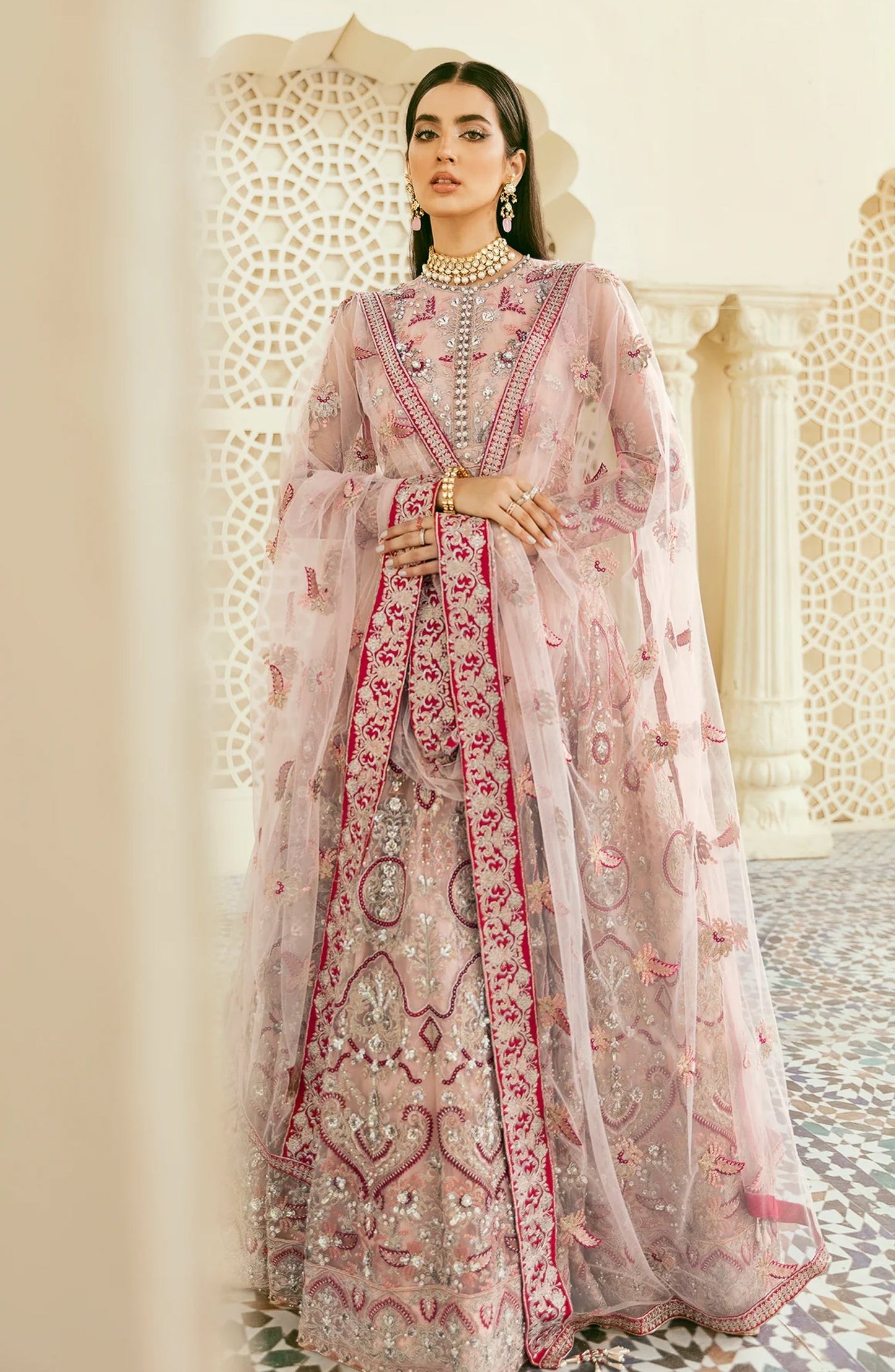 Elinor by Akbar Aslam Luxury Embroidered Net Unstitched 3 Piece Suit - Albatross - AKA25ELN - Pink - Festive Collection