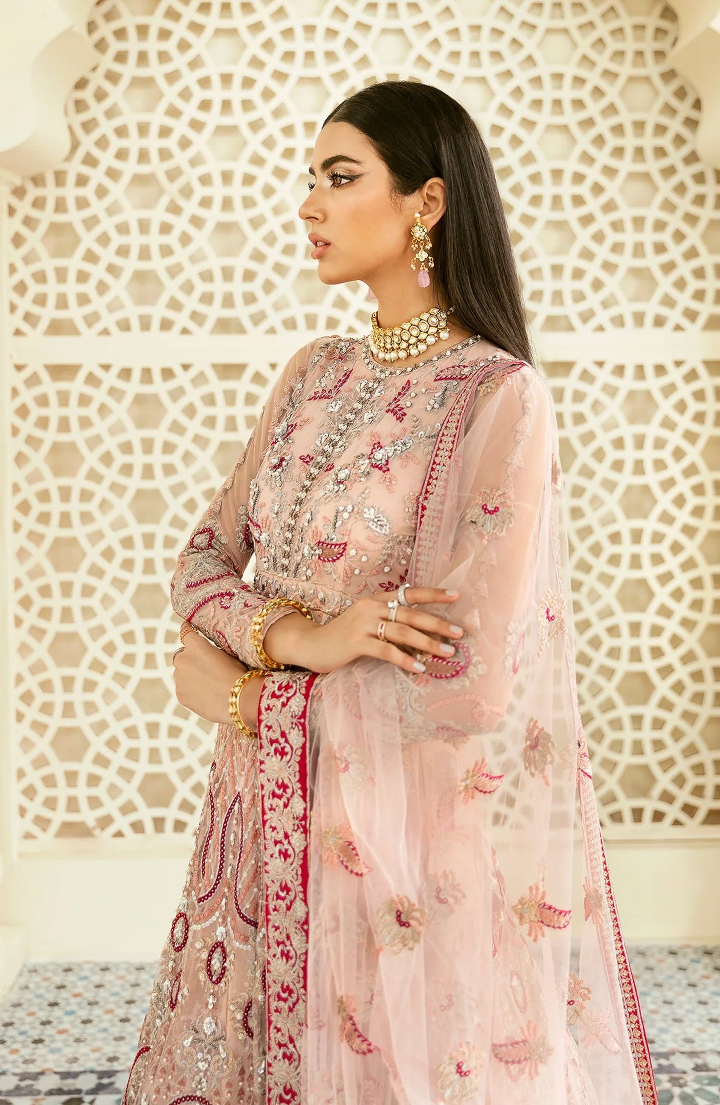 Elinor by Akbar Aslam Luxury Embroidered Net Unstitched 3 Piece Suit - Albatross - AKA25ELN - Pink - Festive Collection