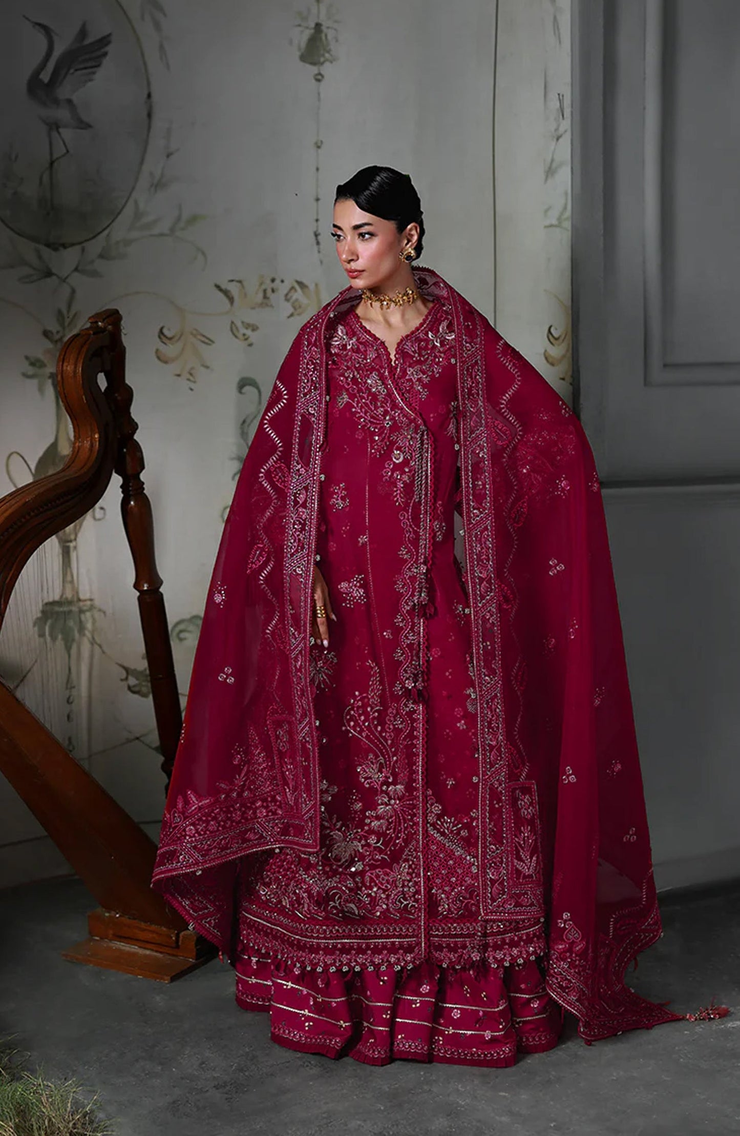 Elirah by Qalamkar Luxury Embroidered Organza Unstitched 3 Piece Suit - MF-05 AMARIS - QL25ELR - Hot Pink - Formals Collection