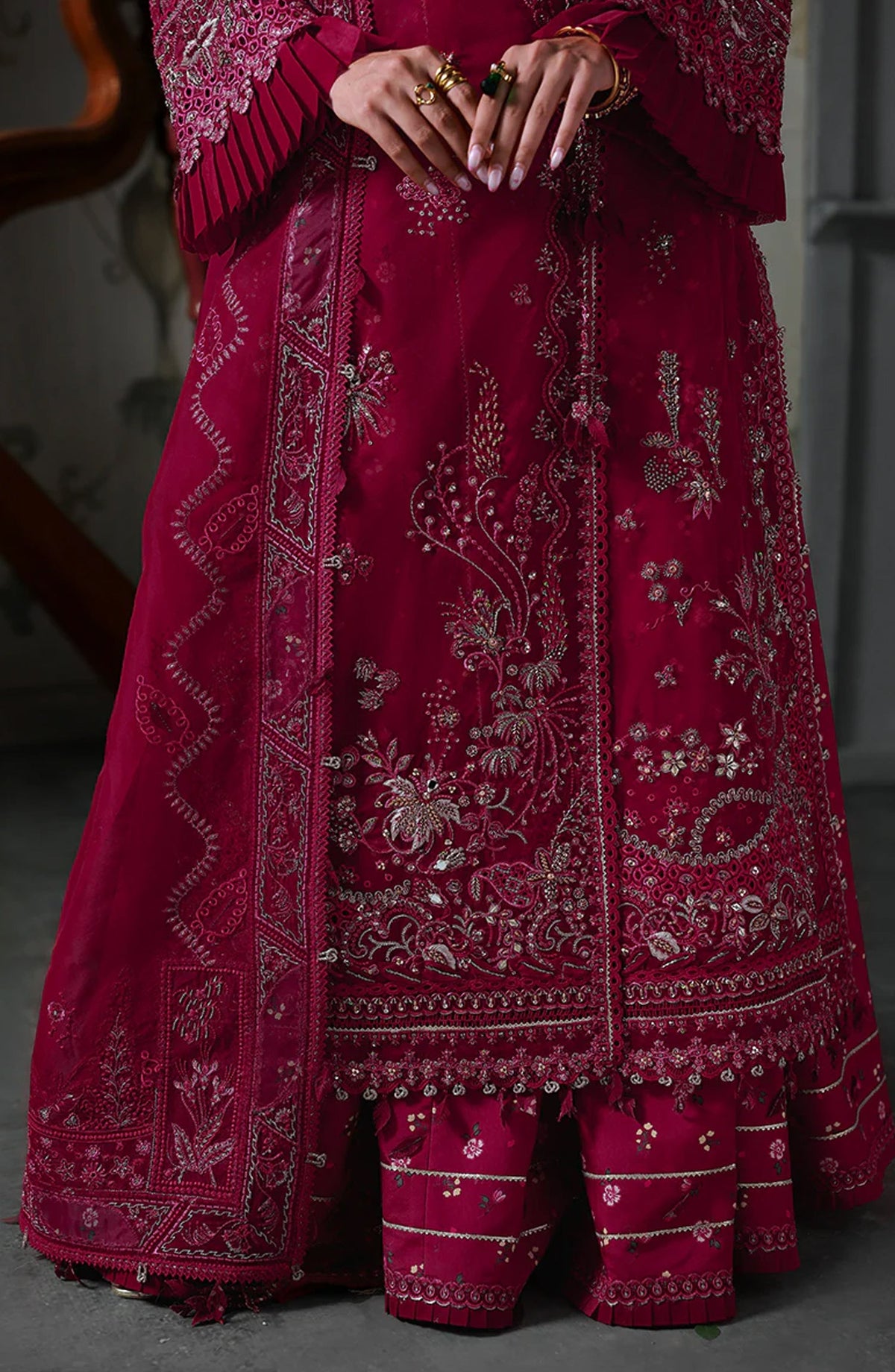Elirah by Qalamkar Luxury Embroidered Organza Unstitched 3 Piece Suit - MF-05 AMARIS - QL25ELR - Hot Pink - Formals Collection