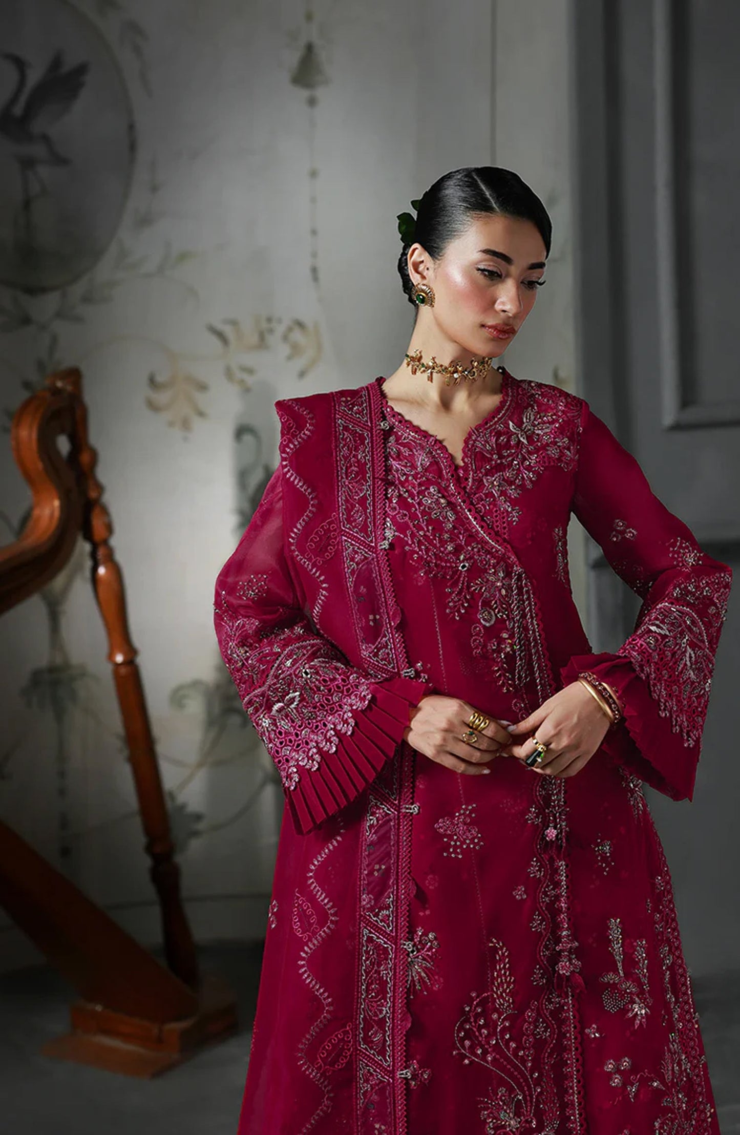 Elirah by Qalamkar Luxury Embroidered Organza Unstitched 3 Piece Suit - MF-05 AMARIS - QL25ELR - Hot Pink - Formals Collection