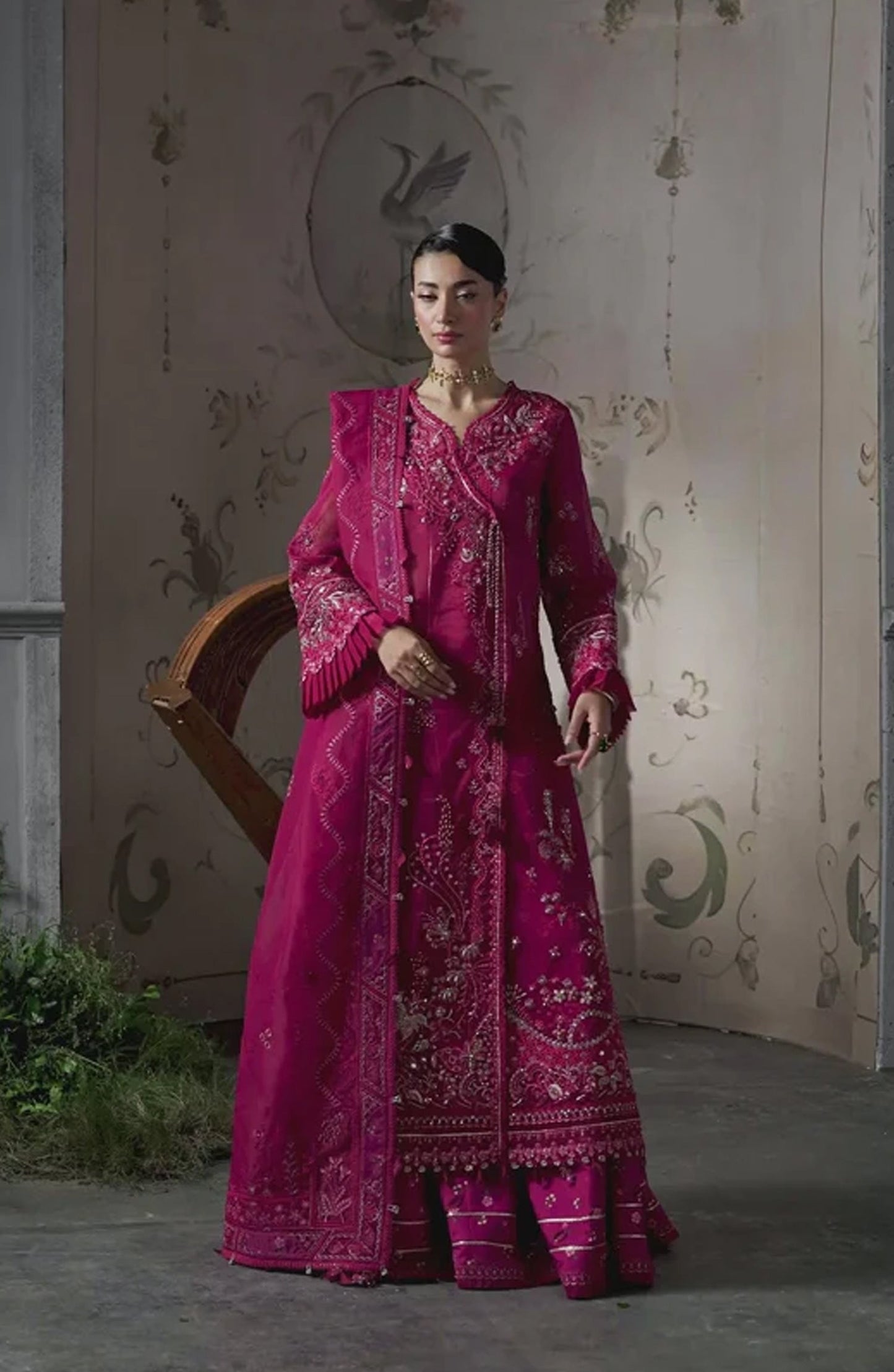Elirah by Qalamkar Luxury Embroidered Organza Unstitched 3 Piece Suit - MF-05 AMARIS - QL25ELR - Hot Pink - Formals Collection