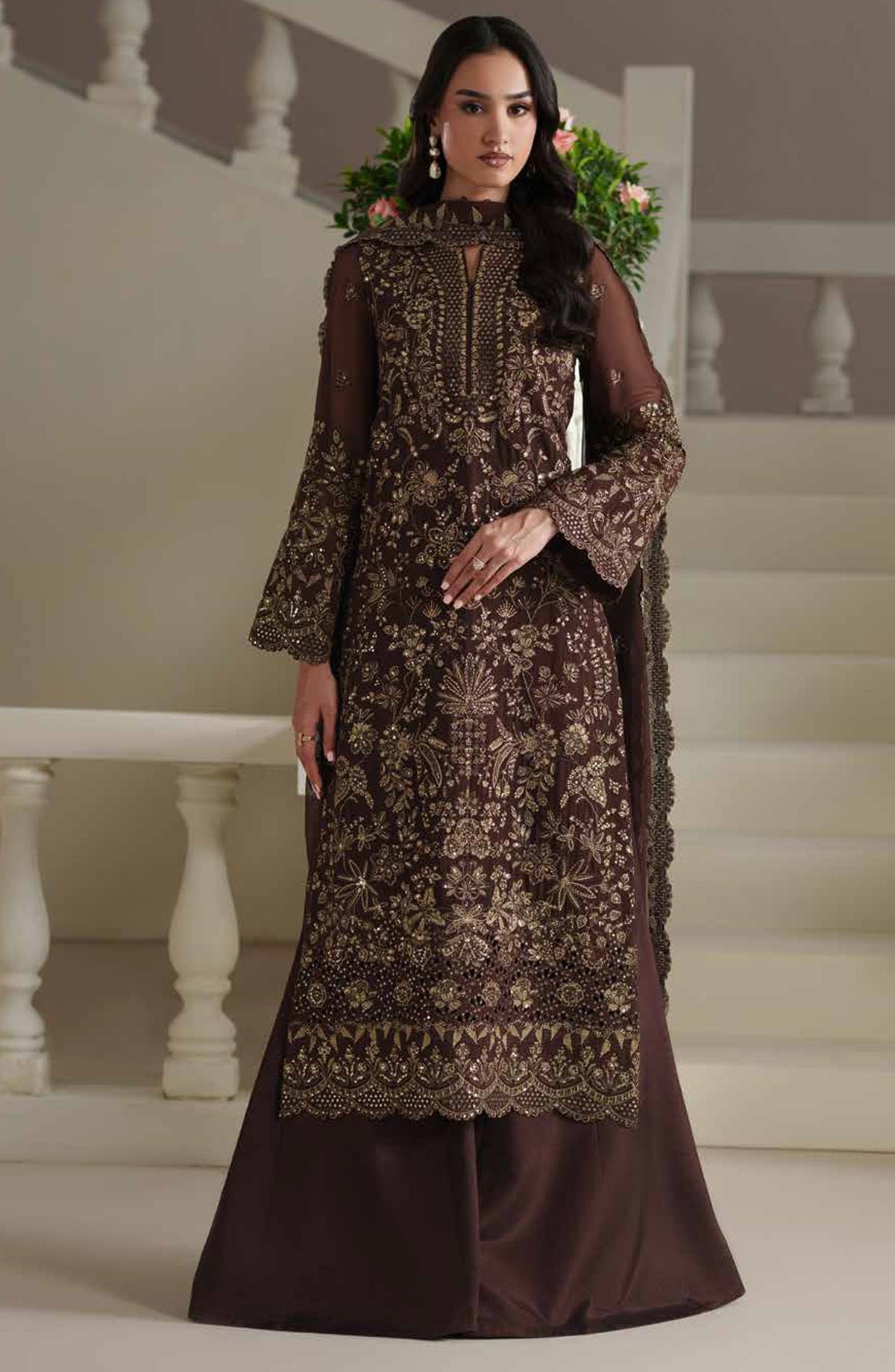Emaan Adeel Modern Heirloom Embroidered Chiffon Unstitched 3 Piece Suit - D-2 Adelia - ED26MH - Brown - Festive Collection