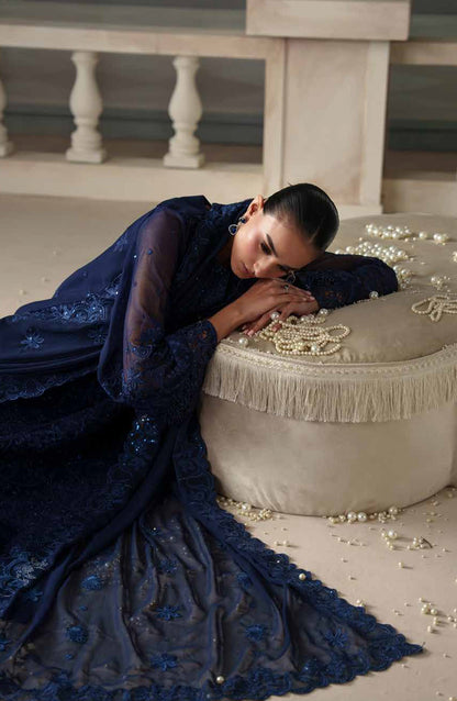 Emaan Adeel Modern Heirloom Embroidered Chiffon Unstitched 3 Piece Suit - D-3 Coralia - ED26MH - Blue - Festive Collection