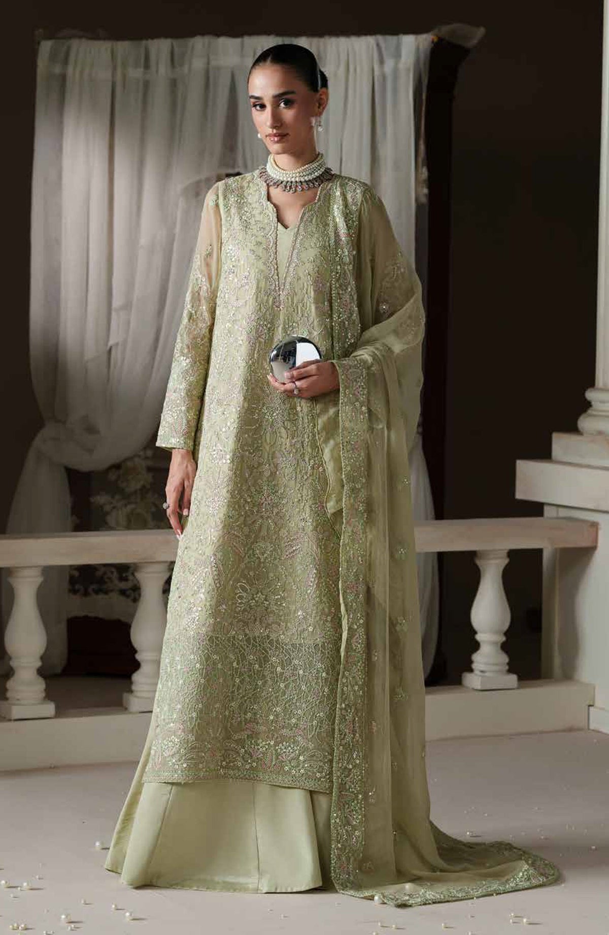 Emaan Adeel Modern Heirloom Embroidered Chiffon Unstitched 3 Piece Suit - D-7 Modern Belle - ED26MH - Green - Festive Collection