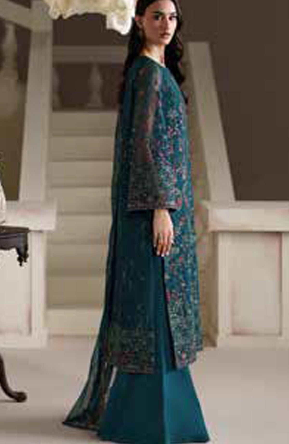 Emaan Adeel Modern Heirloom Embroidered Chiffon Unstitched 3 Piece Suit - D-9 Antique Charm - ED26MH - Teal - Festive Collection