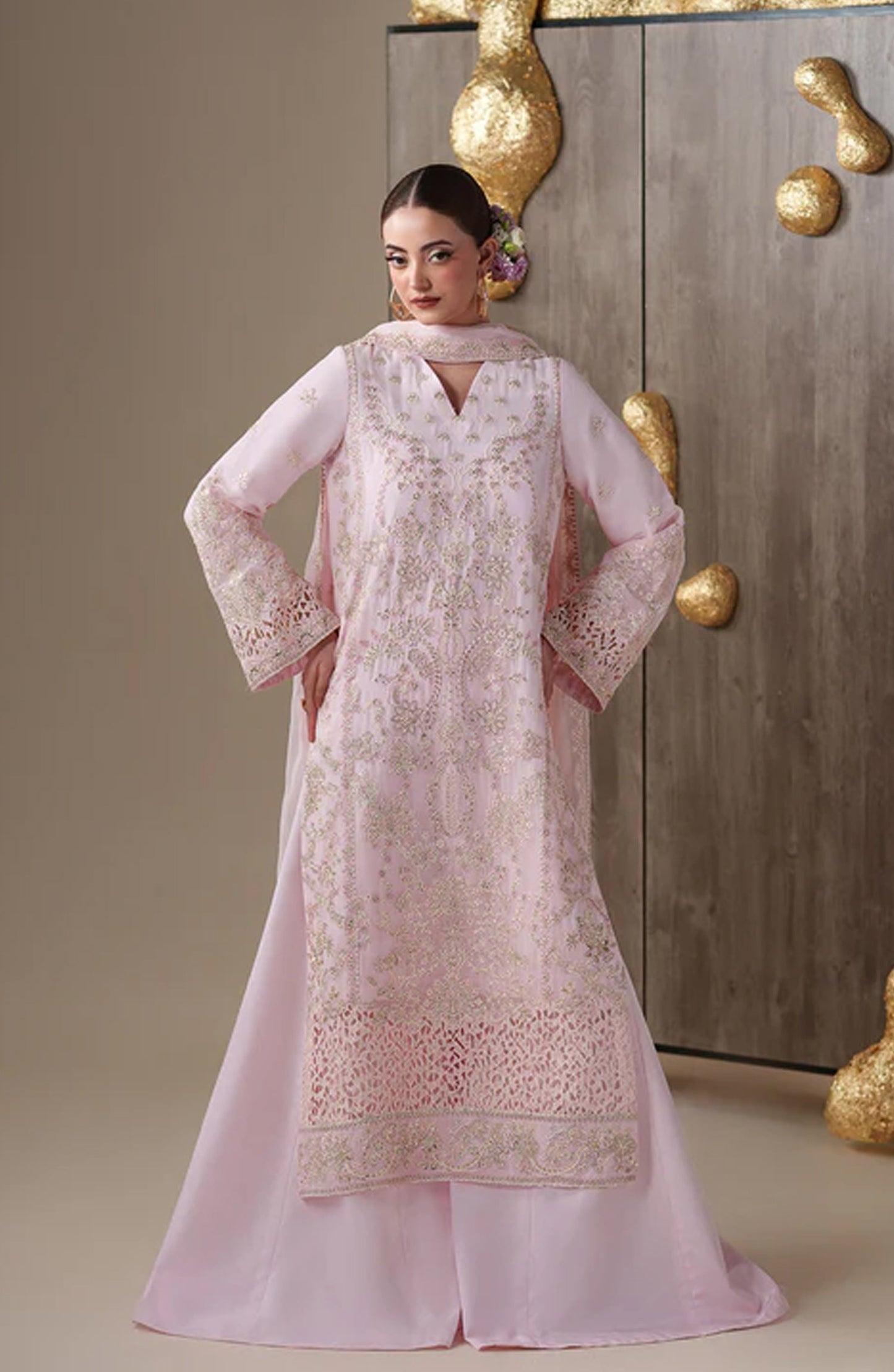 Emaan Adeel Nouvelle Embroidered Chiffon Unstitched 3 Piece Suit - 10 Lune - ED26NV - Pink - Luxury Collection