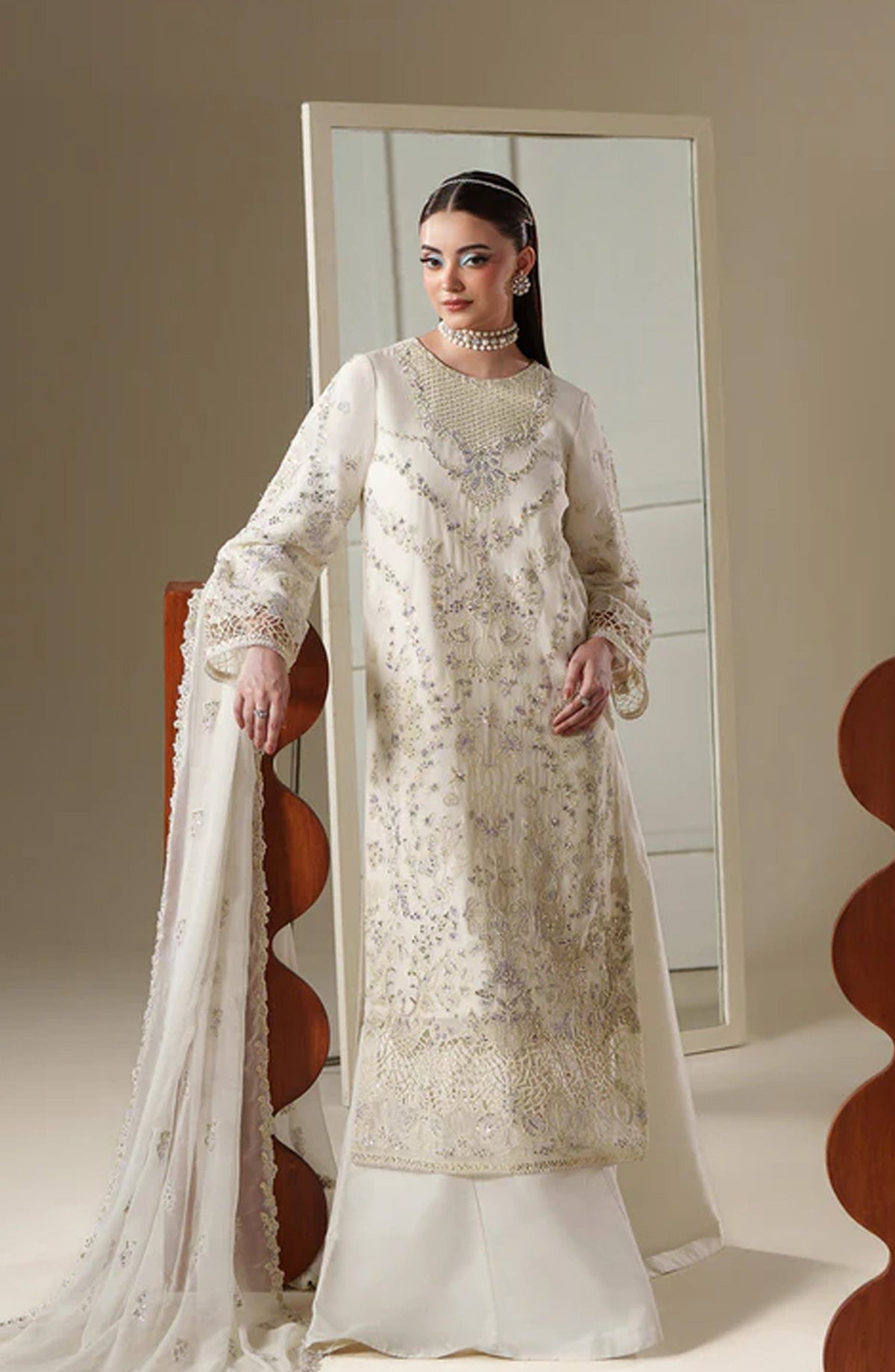 Emaan Adeel Nouvelle Embroidered Chiffon Unstitched 3 Piece Suit - 09 Elosie - ED26NV - Off White - Luxury Collection