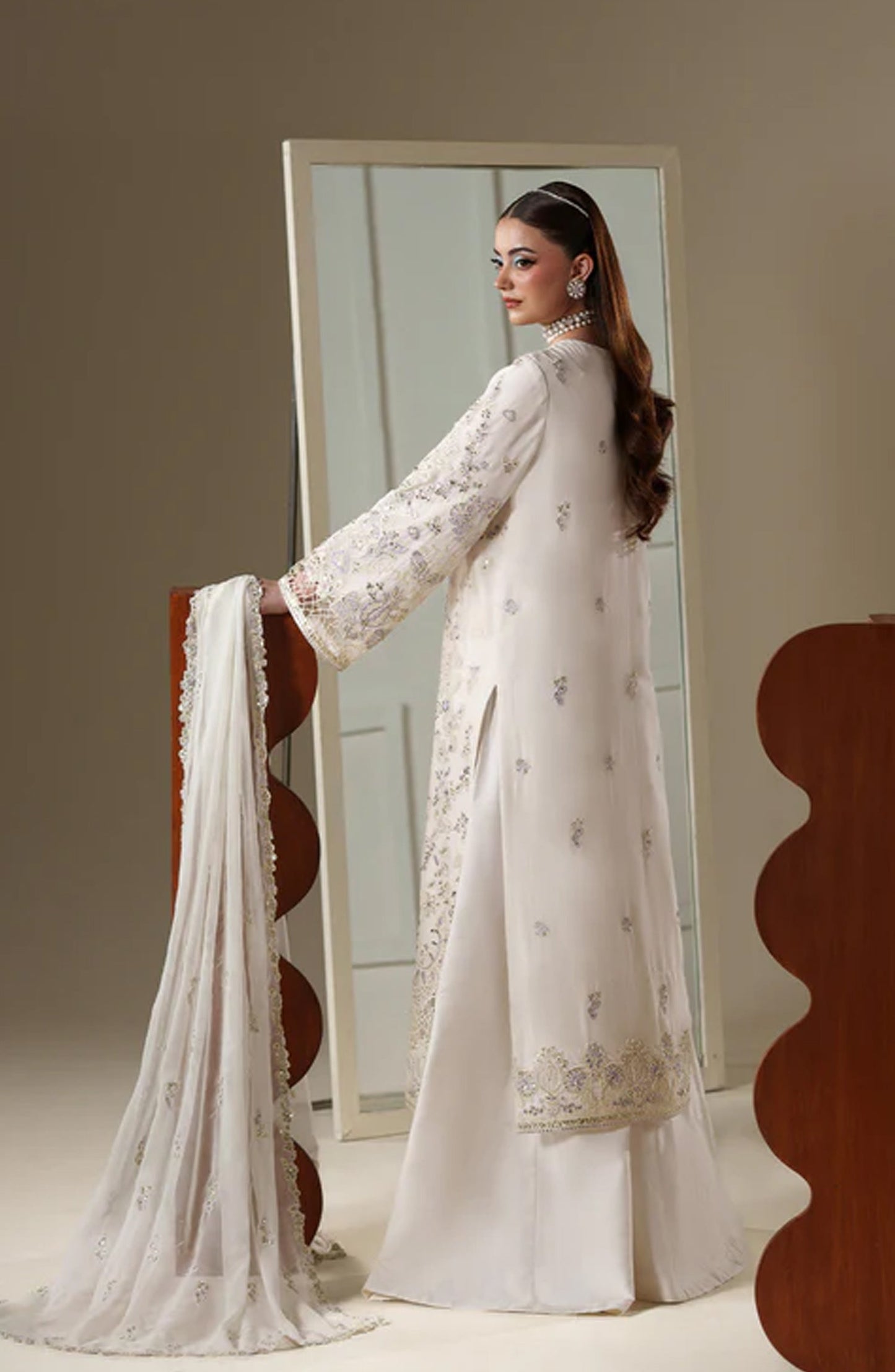 Emaan Adeel Nouvelle Embroidered Chiffon Unstitched 3 Piece Suit - 09 Elosie - ED26NV - Off White - Luxury Collection