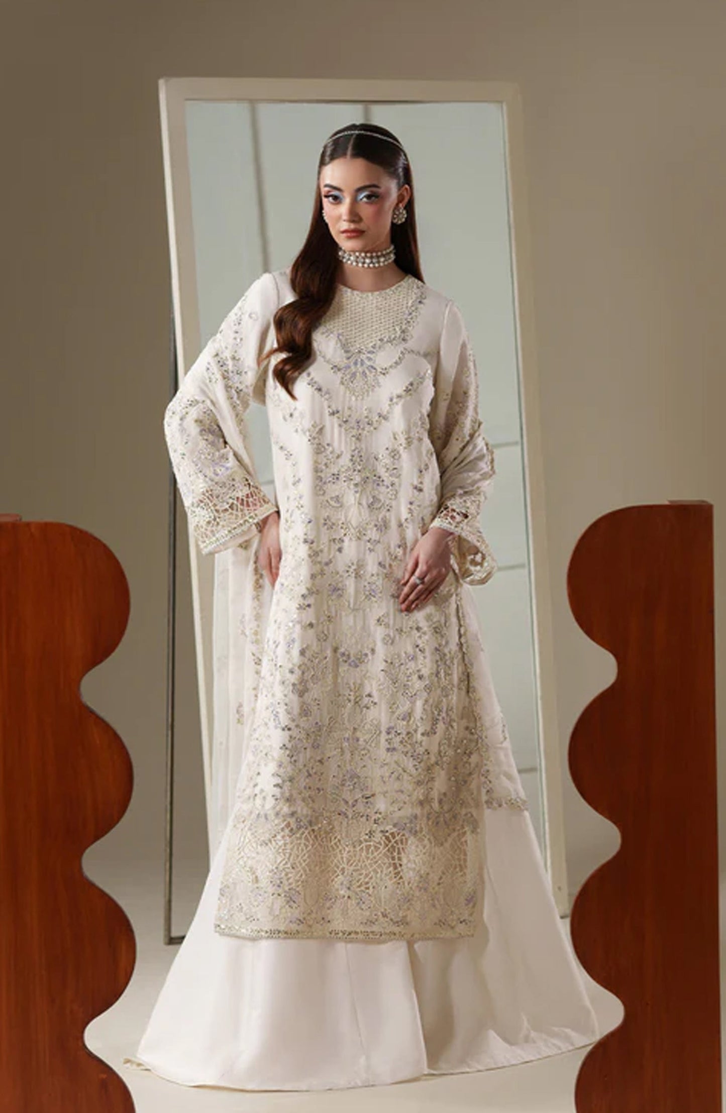 Emaan Adeel Nouvelle Embroidered Chiffon Unstitched 3 Piece Suit - 09 Elosie - ED26NV - Off White - Luxury Collection