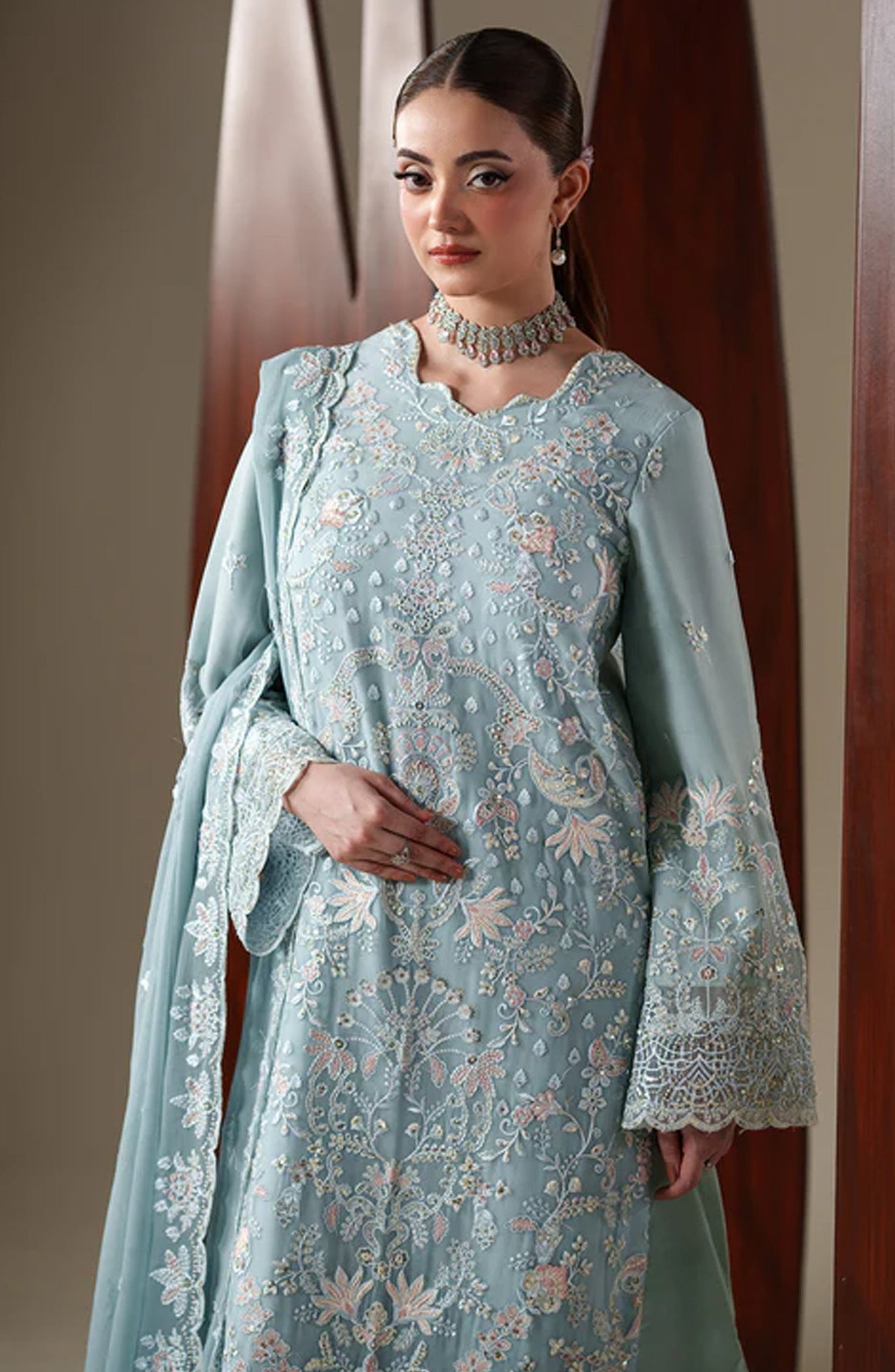 Emaan Adeel Nouvelle Embroidered Chiffon Unstitched 3 Piece Suit - 07 Aria - ED26NV - Blue - Luxury Collection