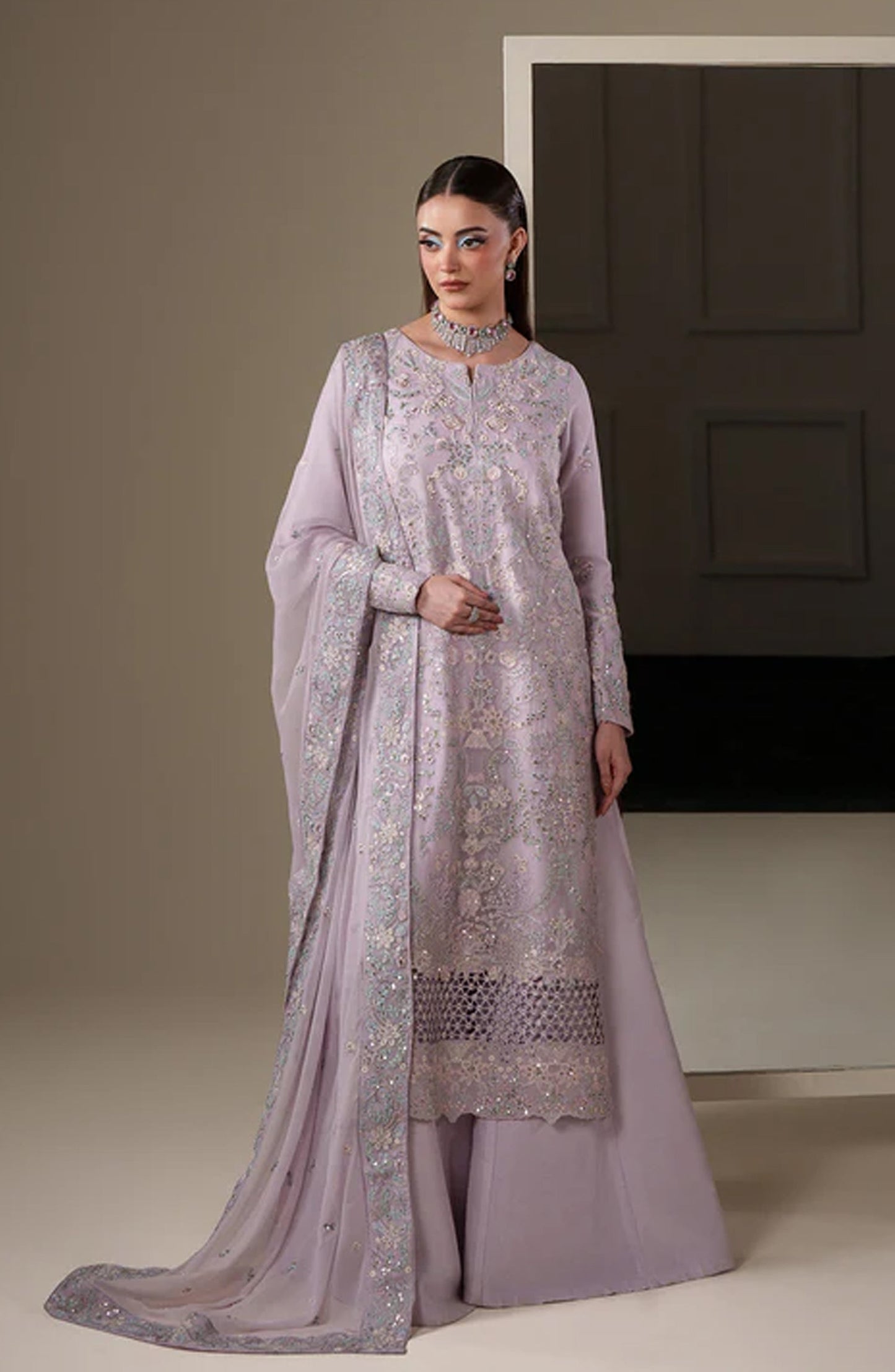 Emaan Adeel Nouvelle Embroidered Chiffon Unstitched 3 Piece Suit - 04 Mira - ED26NV - Purple - Luxury Collection