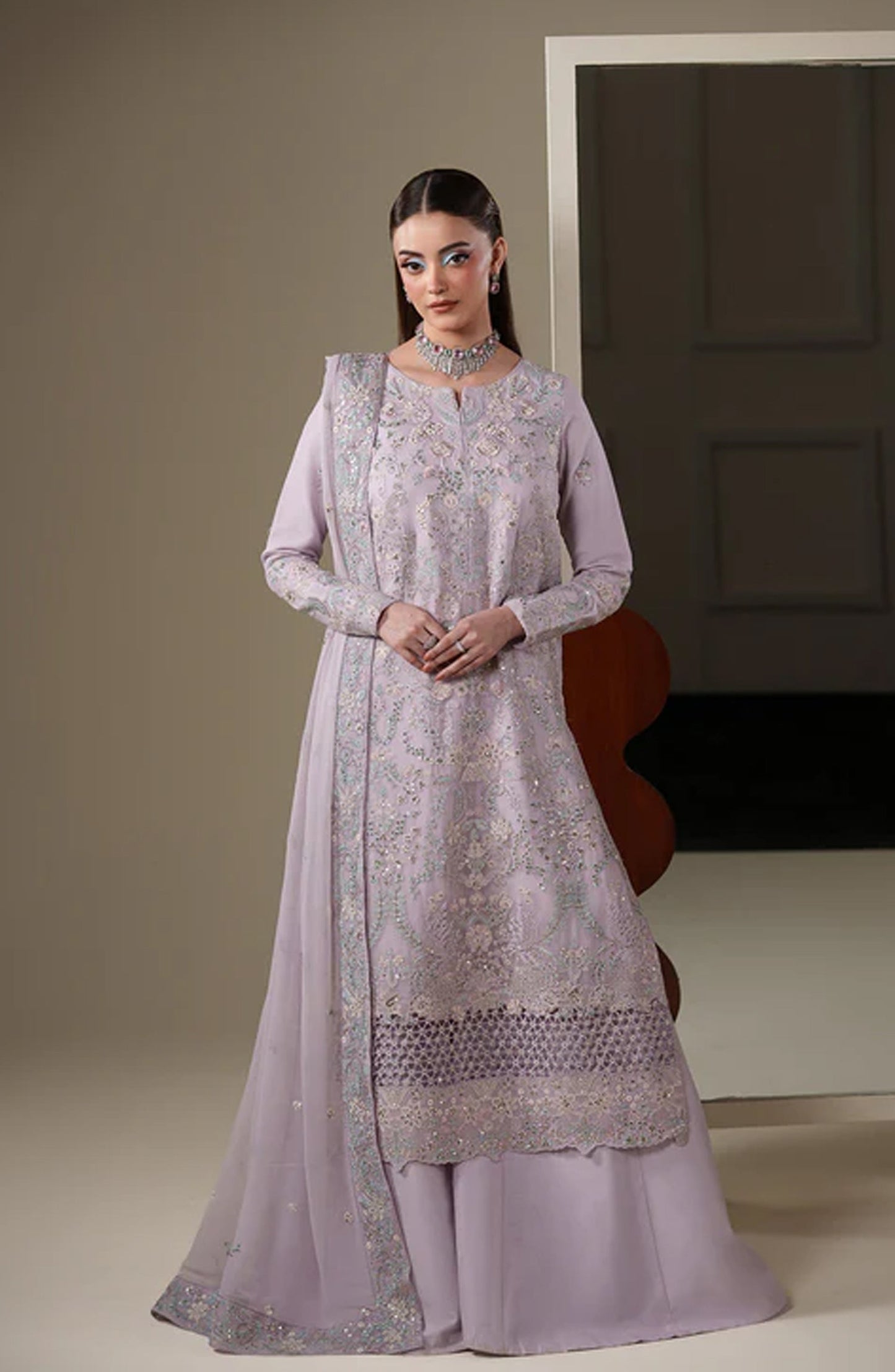 Emaan Adeel Nouvelle Embroidered Chiffon Unstitched 3 Piece Suit - 04 Mira - ED26NV - Purple - Luxury Collection