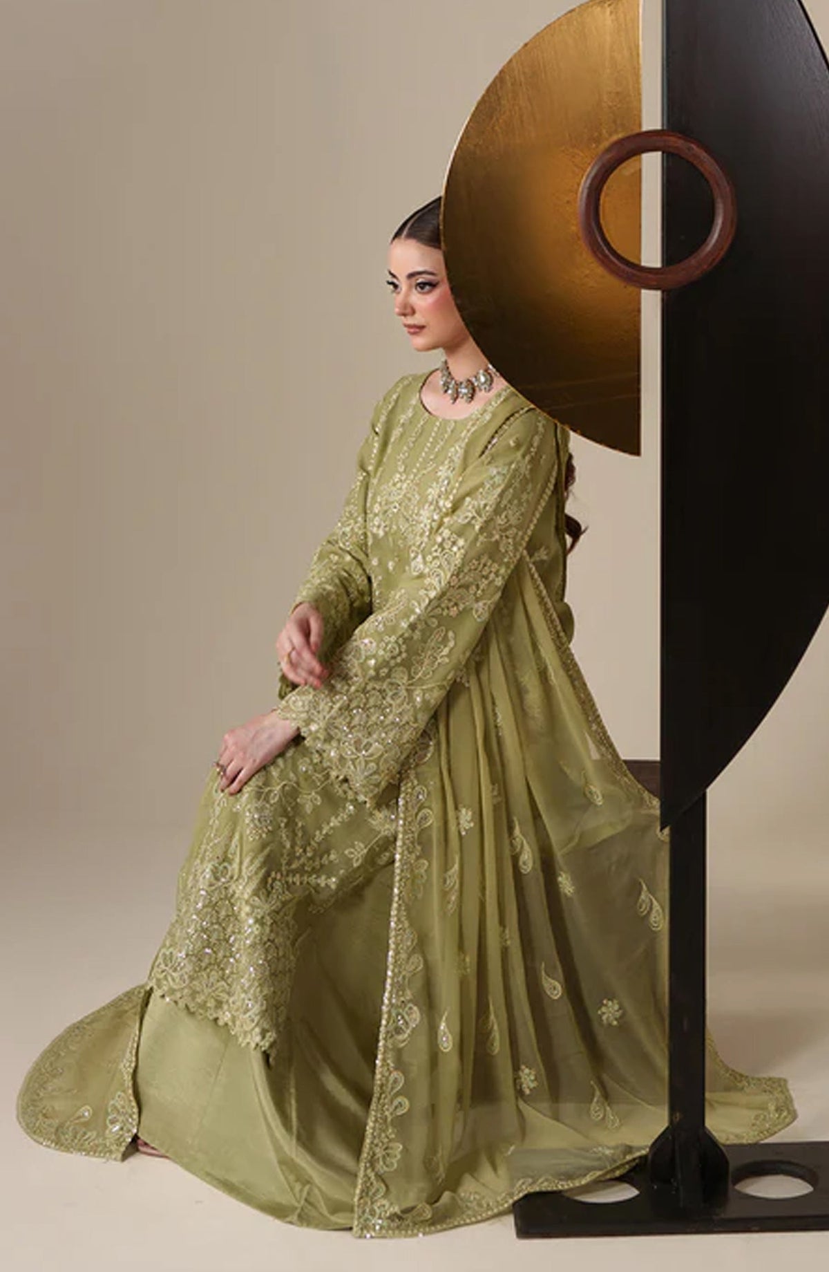 Emaan Adeel Nouvelle Embroidered Chiffon Unstitched 3 Piece Suit - 02 Nola - ED26NV - Green - Luxury Collection