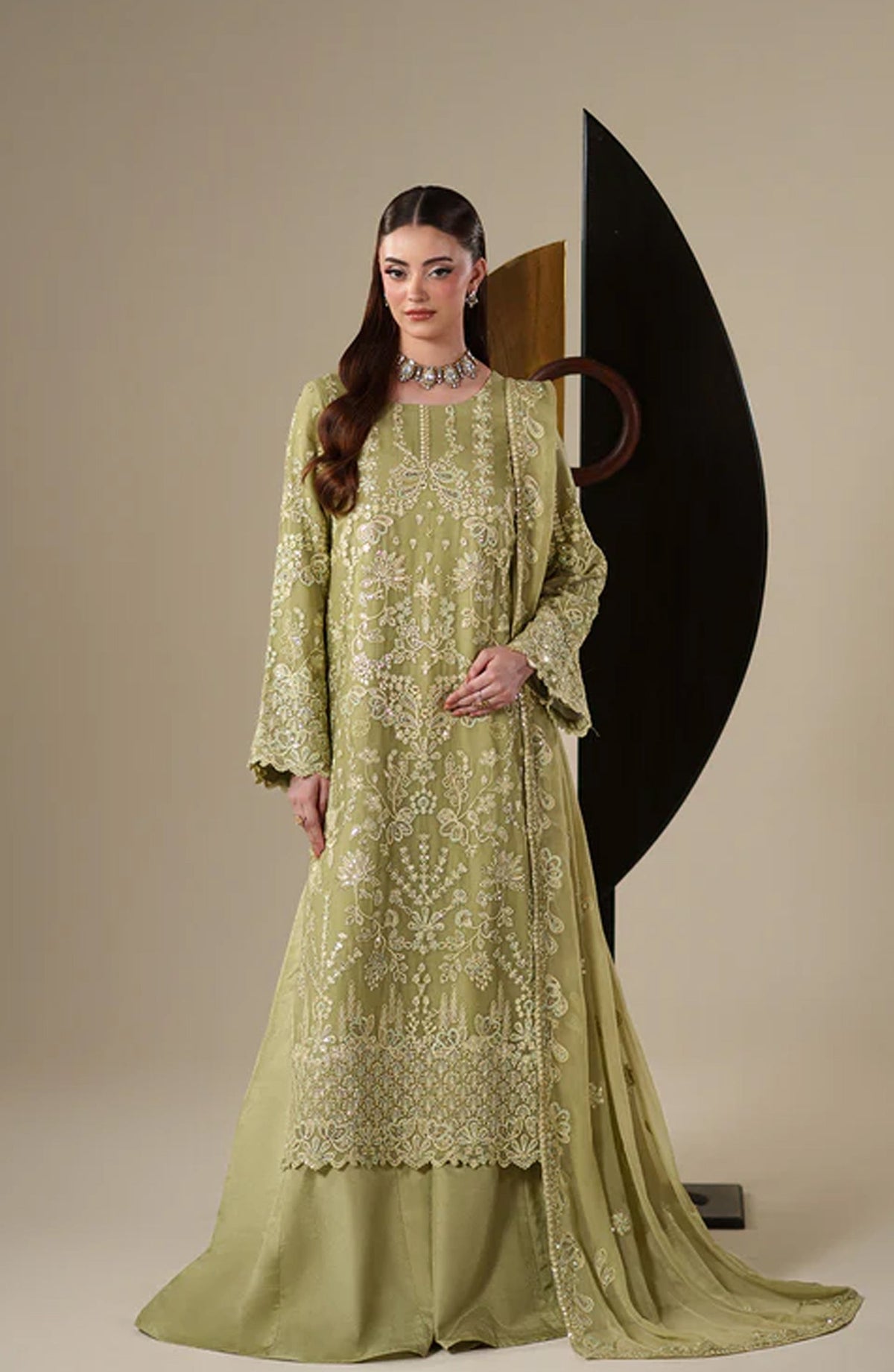 Emaan Adeel Nouvelle Embroidered Chiffon Unstitched 3 Piece Suit - 02 Nola - ED26NV - Green - Luxury Collection