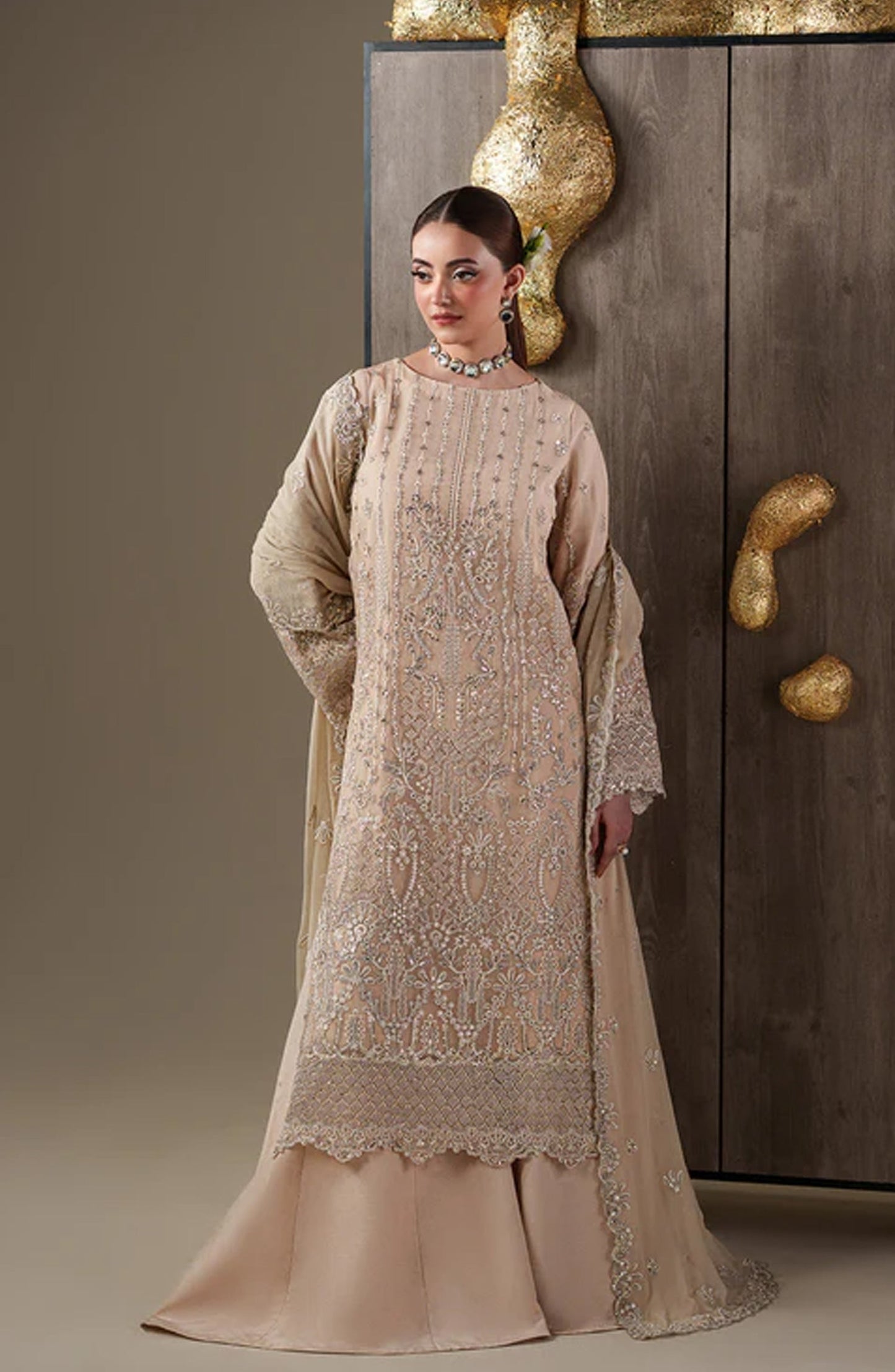 Emaan Adeel Nouvelle Embroidered Chiffon Unstitched 3 Piece Suit - 01 Camallie - ED26NV - Pink - Luxury Collection