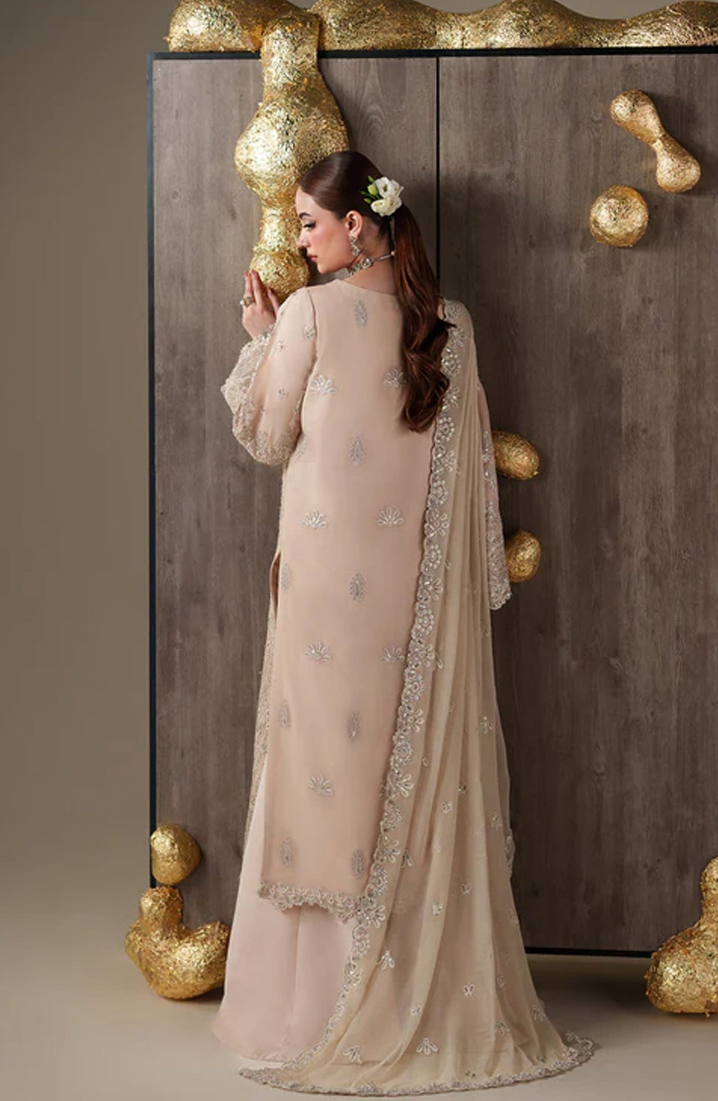 Emaan Adeel Nouvelle Embroidered Chiffon Unstitched 3 Piece Suit - 01 Camallie - ED26NV - Pink - Luxury Collection