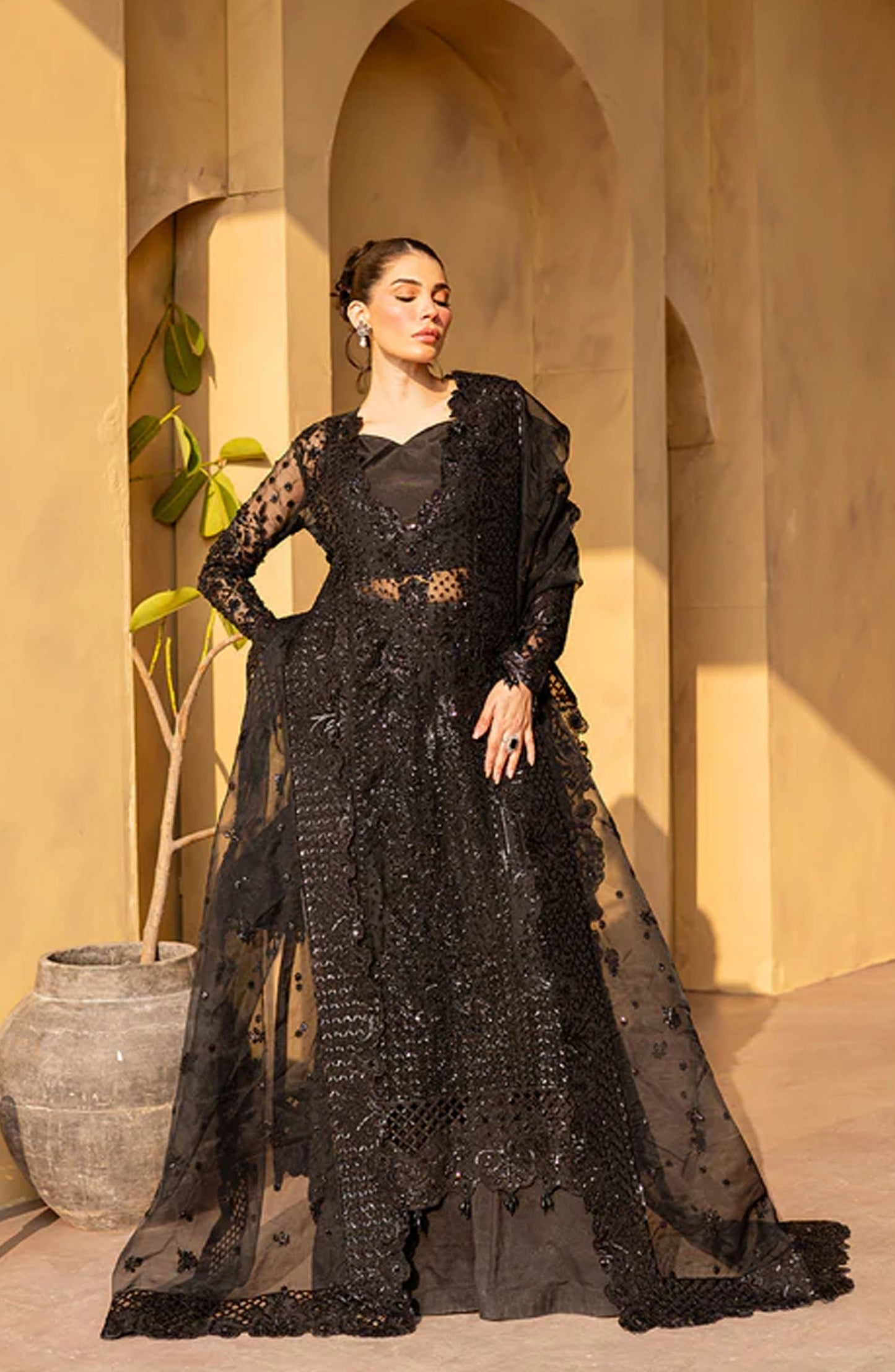 Emaan Adeel Regalia Luxury Formals Embroidered Organza Unstitched 3 Piece Suit - ED25RGLF - VELVRA - Black - Festive Collection