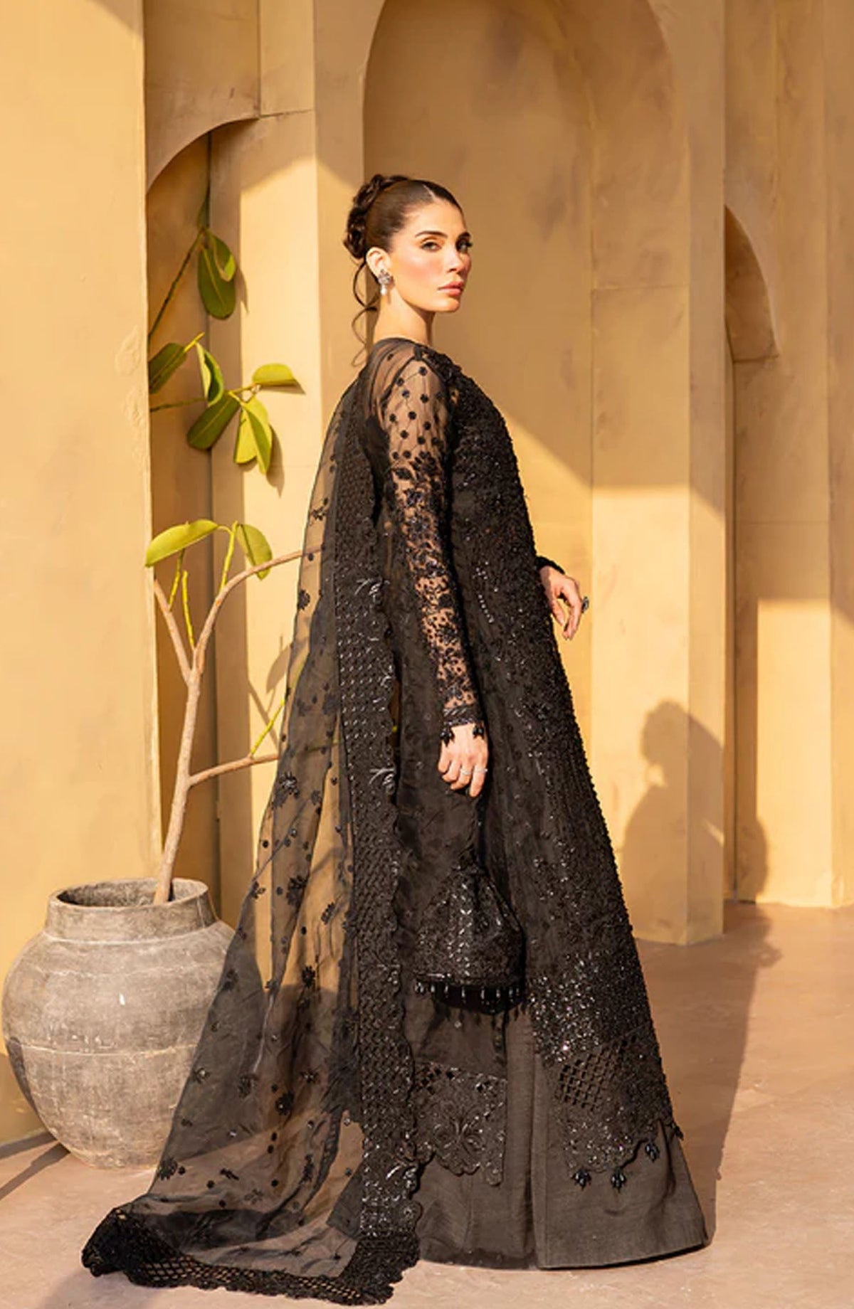 Emaan Adeel Regalia Luxury Formals Embroidered Organza Unstitched 3 Piece Suit - ED25RGLF - VELVRA - Black - Festive Collection