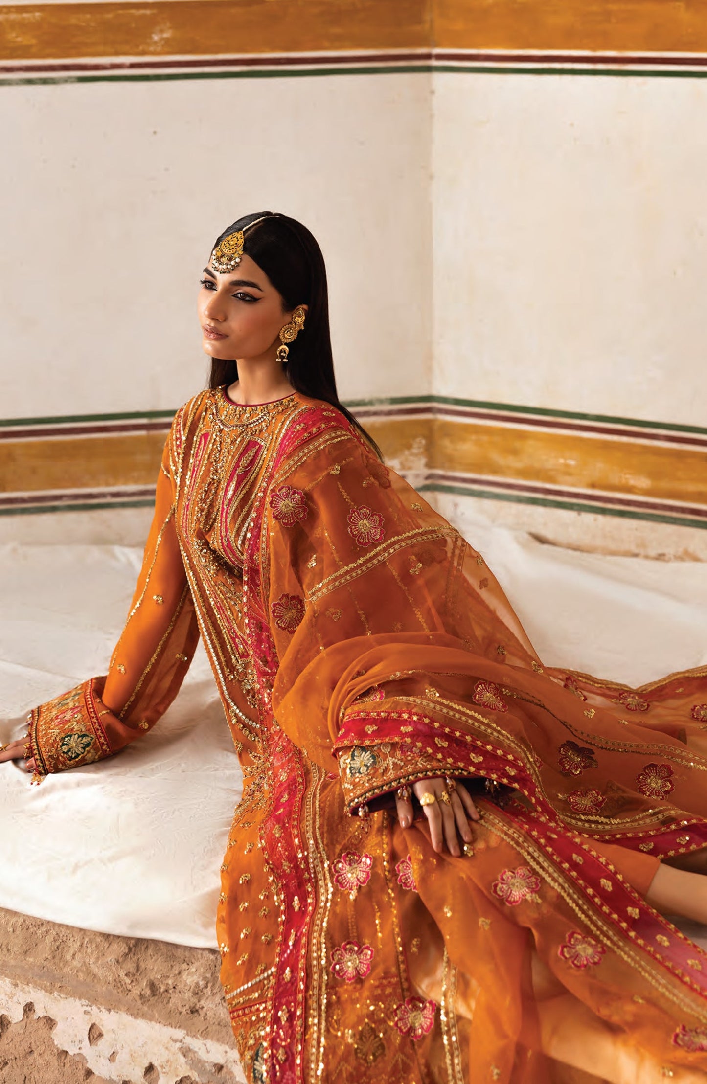 Emaan Adeel The Empress Wedding Formals Embroidered Organza Unstitched 3 Piece Suit - Solmira - ED25TEW - Mustard - Festive Collection