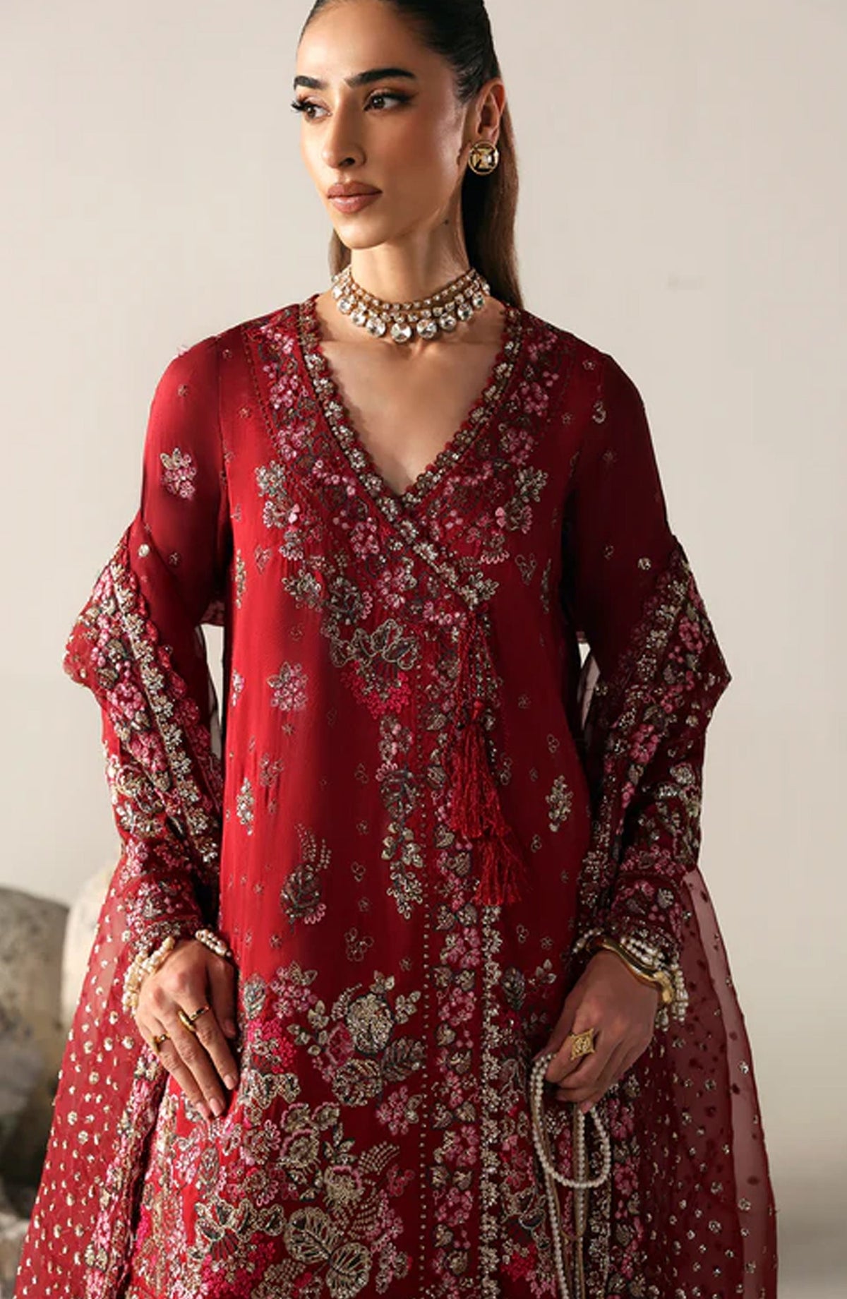 Emaan Adeel Embroidered Raw Silk Unstitched 3 Piece Suit - SERENITY BLOOM - ED26FS - Red - Festive Collection