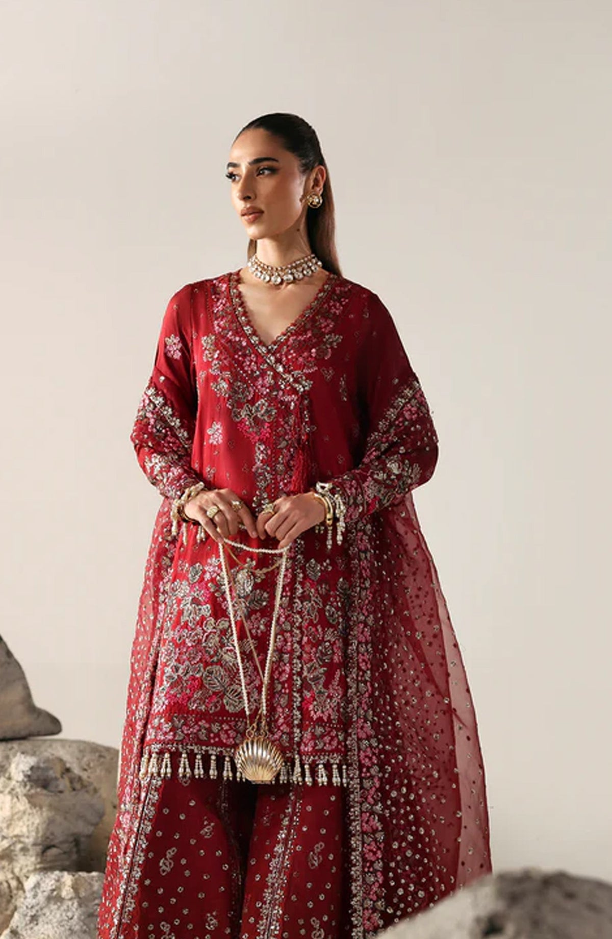 Emaan Adeel Embroidered Raw Silk Unstitched 3 Piece Suit - SERENITY BLOOM - ED26FS - Red - Festive Collection