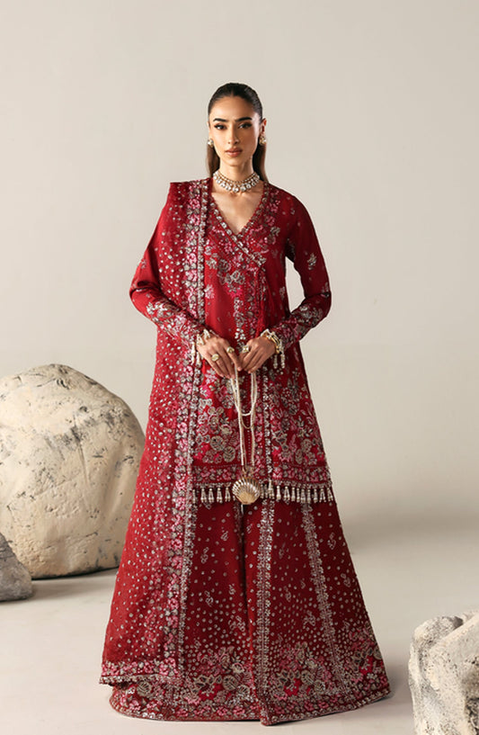 Emaan Adeel Embroidered Raw Silk Unstitched 3 Piece Suit - SERENITY BLOOM - ED26FS - Red - Festive Collection