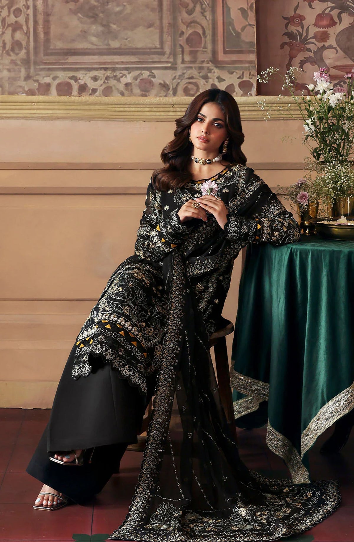 Evayna by Gulaal Embroidered Chiffon Unstitched 3 Piece Suit - Deenah - GUL25EV - Black - Festive Collection