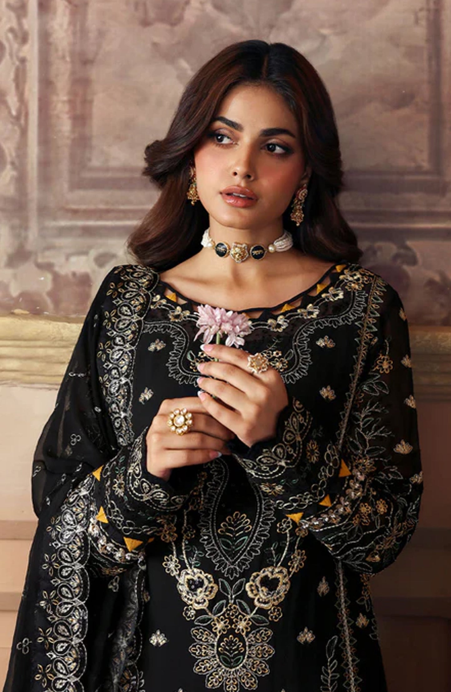 Evayna by Gulaal Embroidered Chiffon Unstitched 3 Piece Suit - Deenah - GUL25EV - Black - Festive Collection