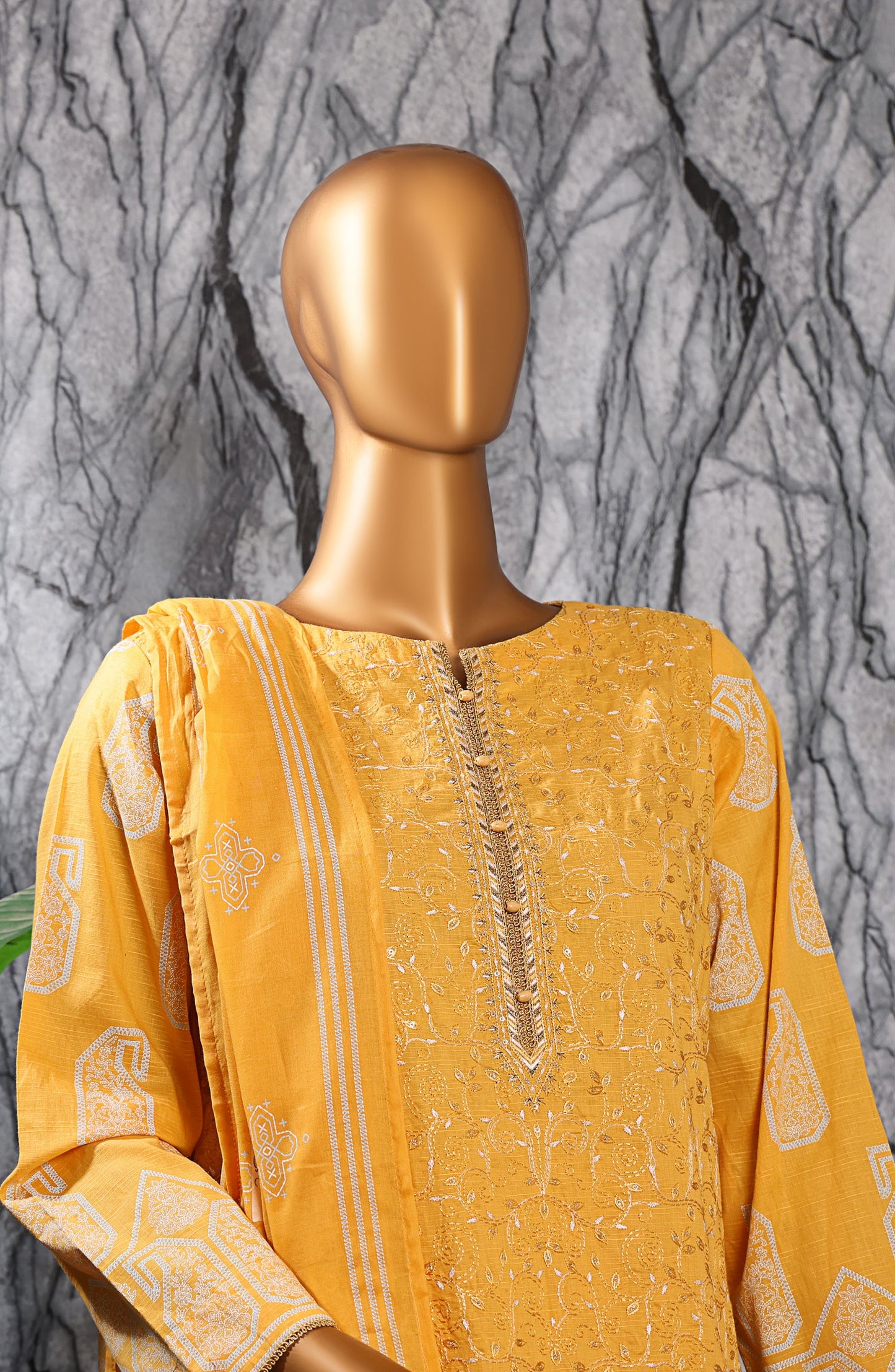 HZ Textiles Exclusive Embroidered Slub Cotton Unstitched 3 Piece Suit - EMC-35 - HZ26EXCL - Mustard - Mid Summer Collection