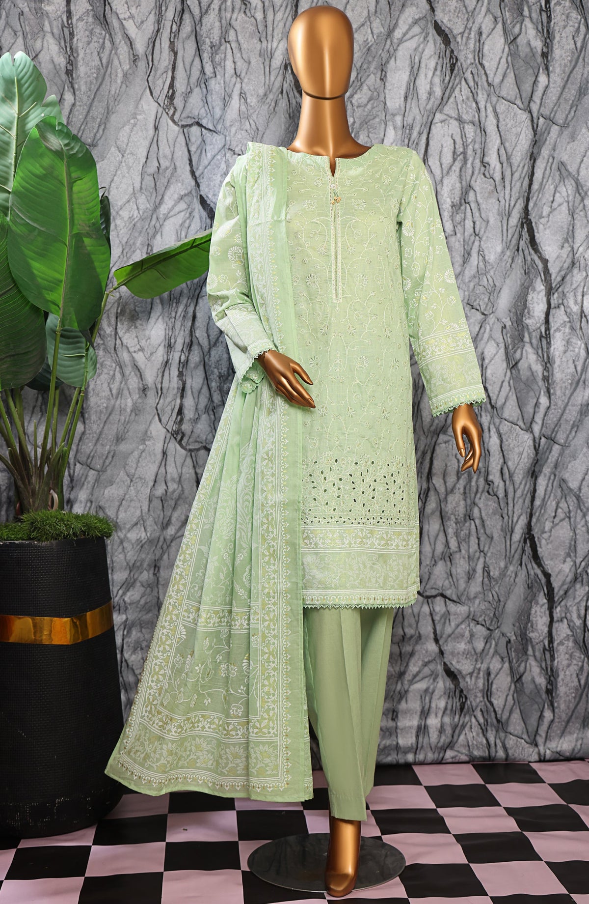 HZ Textiles Exclusive Embroidered Slub Cotton Unstitched 3 Piece Suit - EMC-33 - HZ26EXCL - Green - Mid Summer Collection