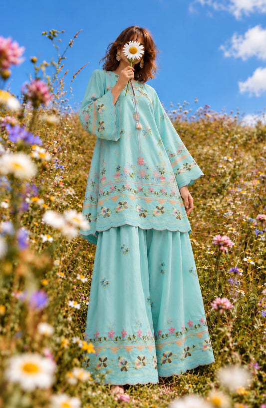 Fairy Meadous by Amna Khadija Embroidered Cotton Stitched 2 Piece Co-ord Set - AKFM-03 - AM26MED - Sky Blue - Casual Collection