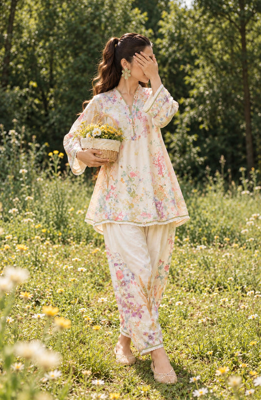 Fairy Meadows by Amna Khadija Printed Cotton Stitched 2 Piece Co-ord Set - AKFM-02 - AM26MED - Off White - Casual Collection