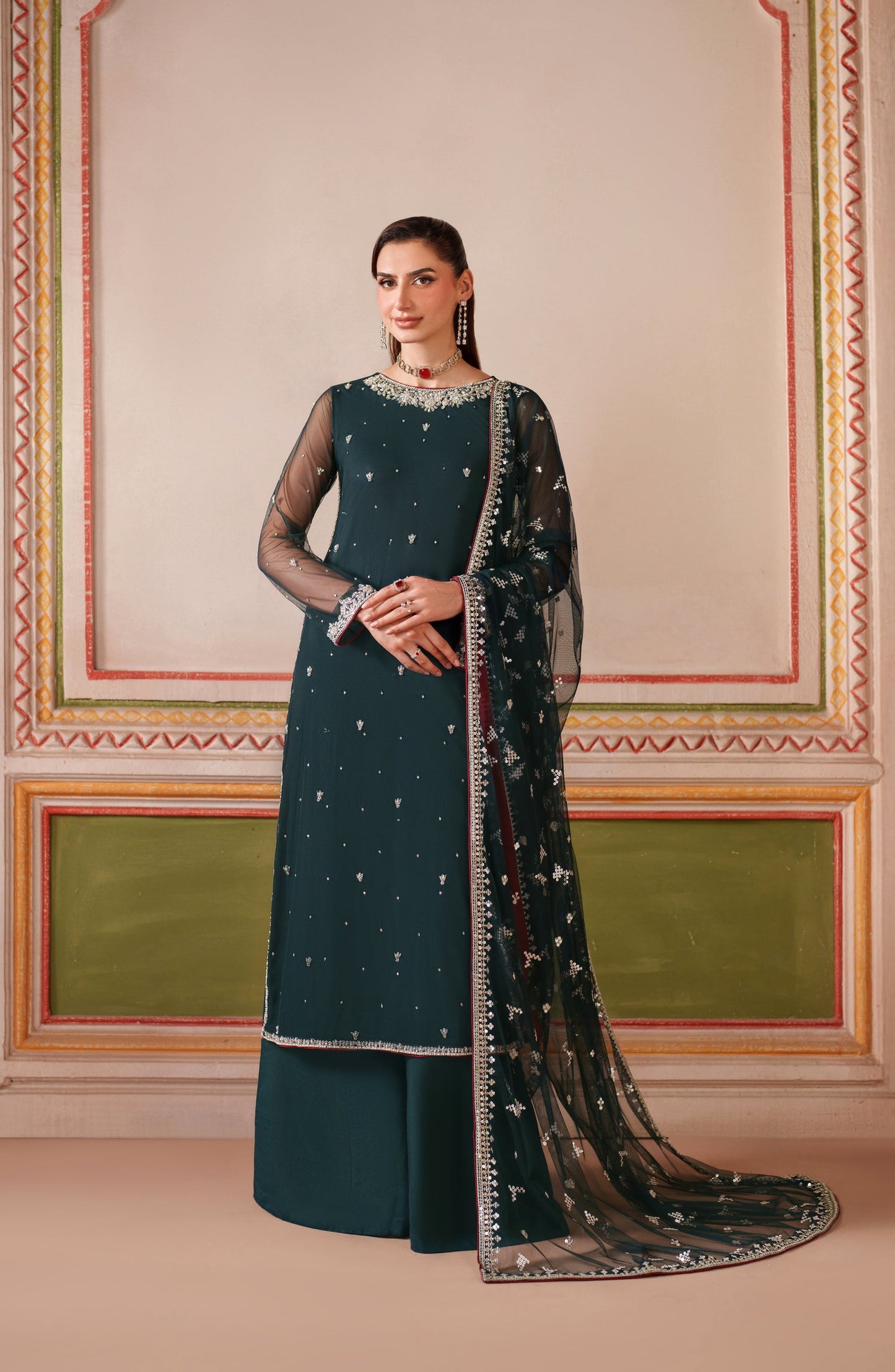 Falesia by Zarif Embroidered Net Unstitched 3 Piece Suit - HF-02 SHENAAR - ZRF25FL - Green - Formal Collection