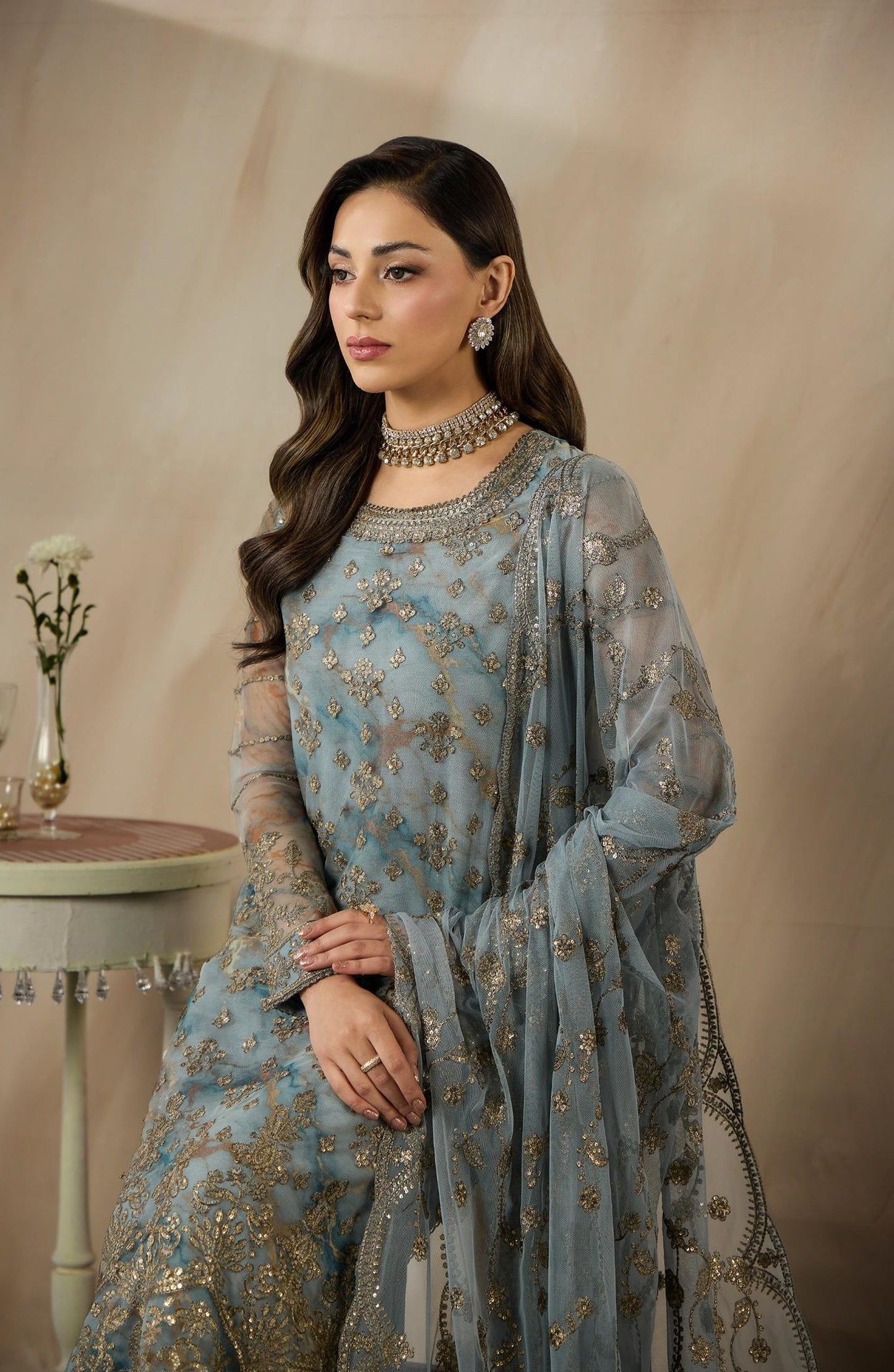 Fasana by Zarif Embroidered Net Unstitched 3 Piece Suit - PE-03 DAYAAR - ZRF26FS - Blue - Formals Collection