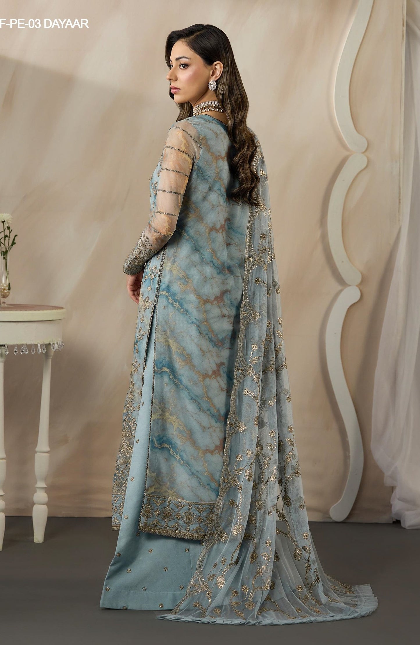Fasana by Zarif Embroidered Net Unstitched 3 Piece Suit - PE-03 DAYAAR - ZRF26FS - Blue - Formals Collection