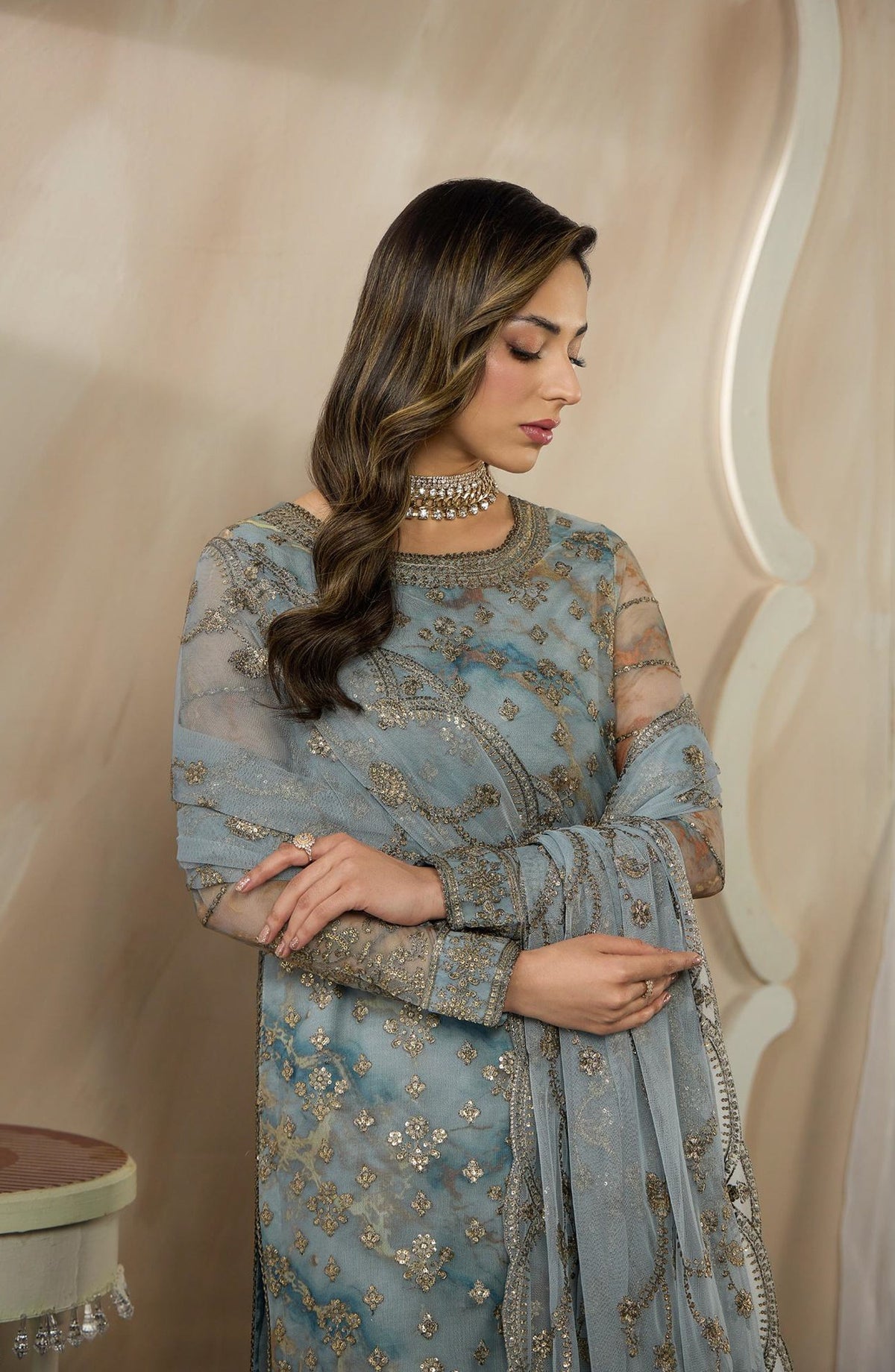 Fasana by Zarif Embroidered Net Unstitched 3 Piece Suit - PE-03 DAYAAR - ZRF26FS - Blue - Formals Collection