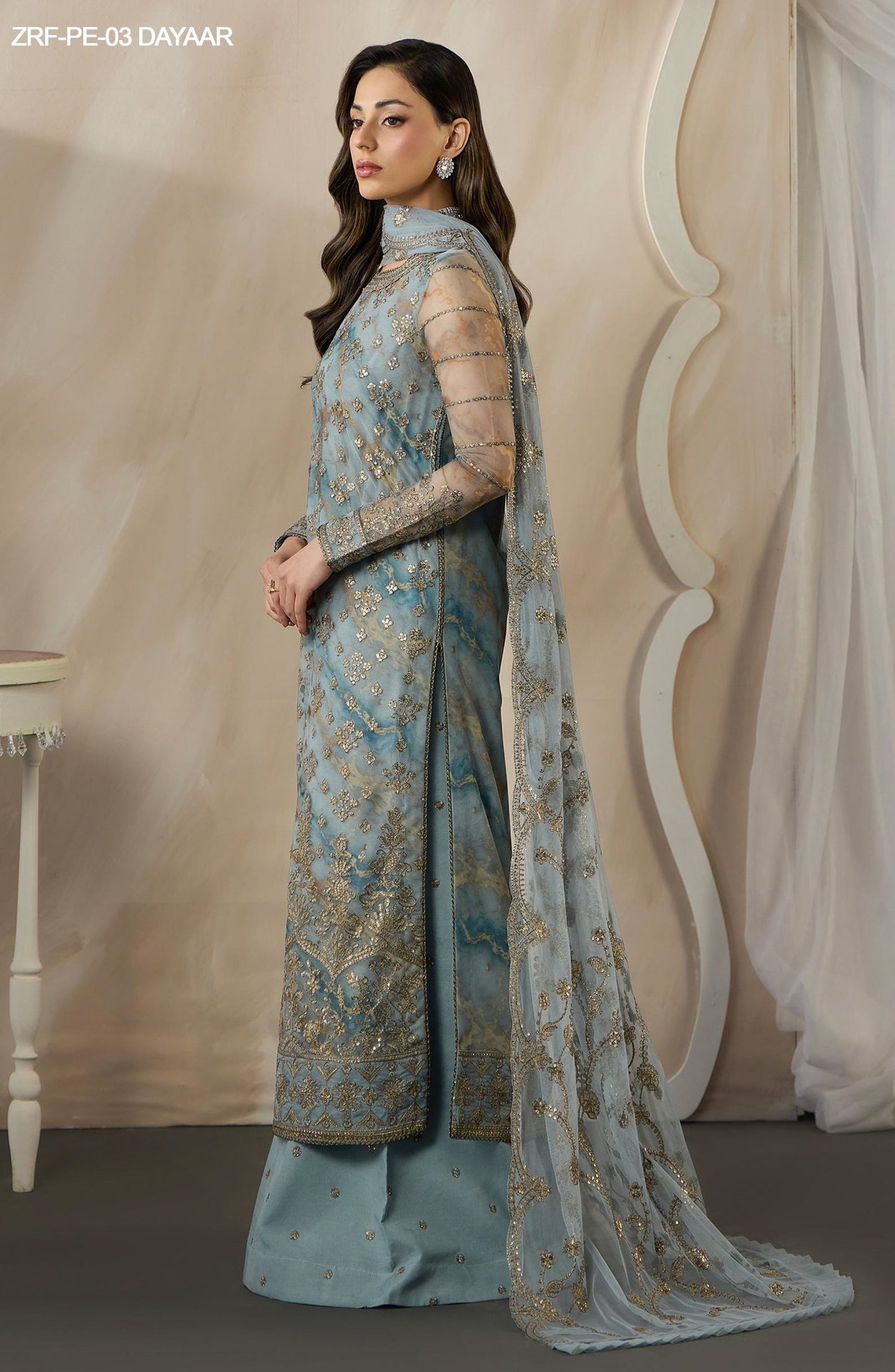 Fasana by Zarif Embroidered Net Unstitched 3 Piece Suit - PE-03 DAYAAR - ZRF26FS - Blue - Formals Collection