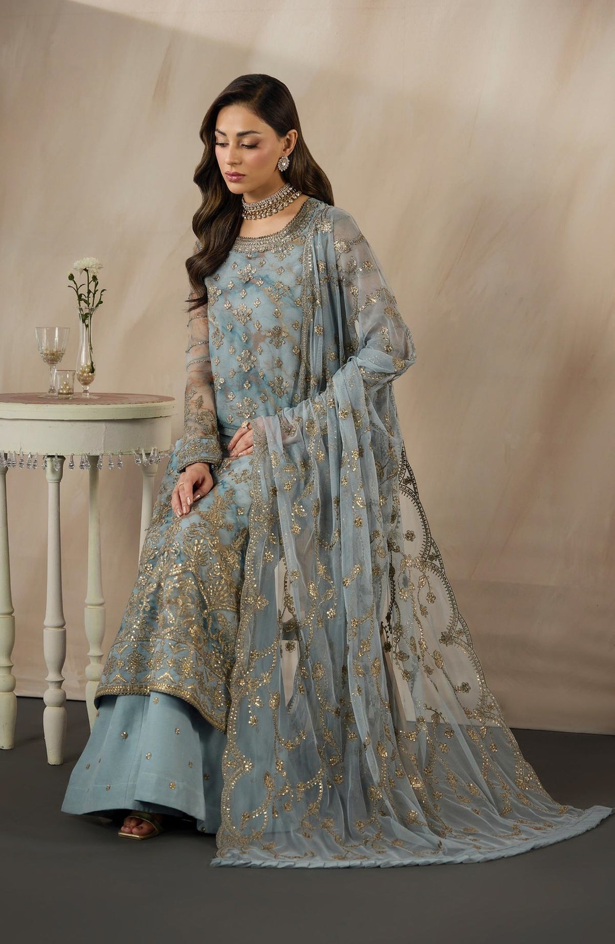 Fasana by Zarif Embroidered Net Unstitched 3 Piece Suit - PE-03 DAYAAR - ZRF26FS - Blue - Formals Collection