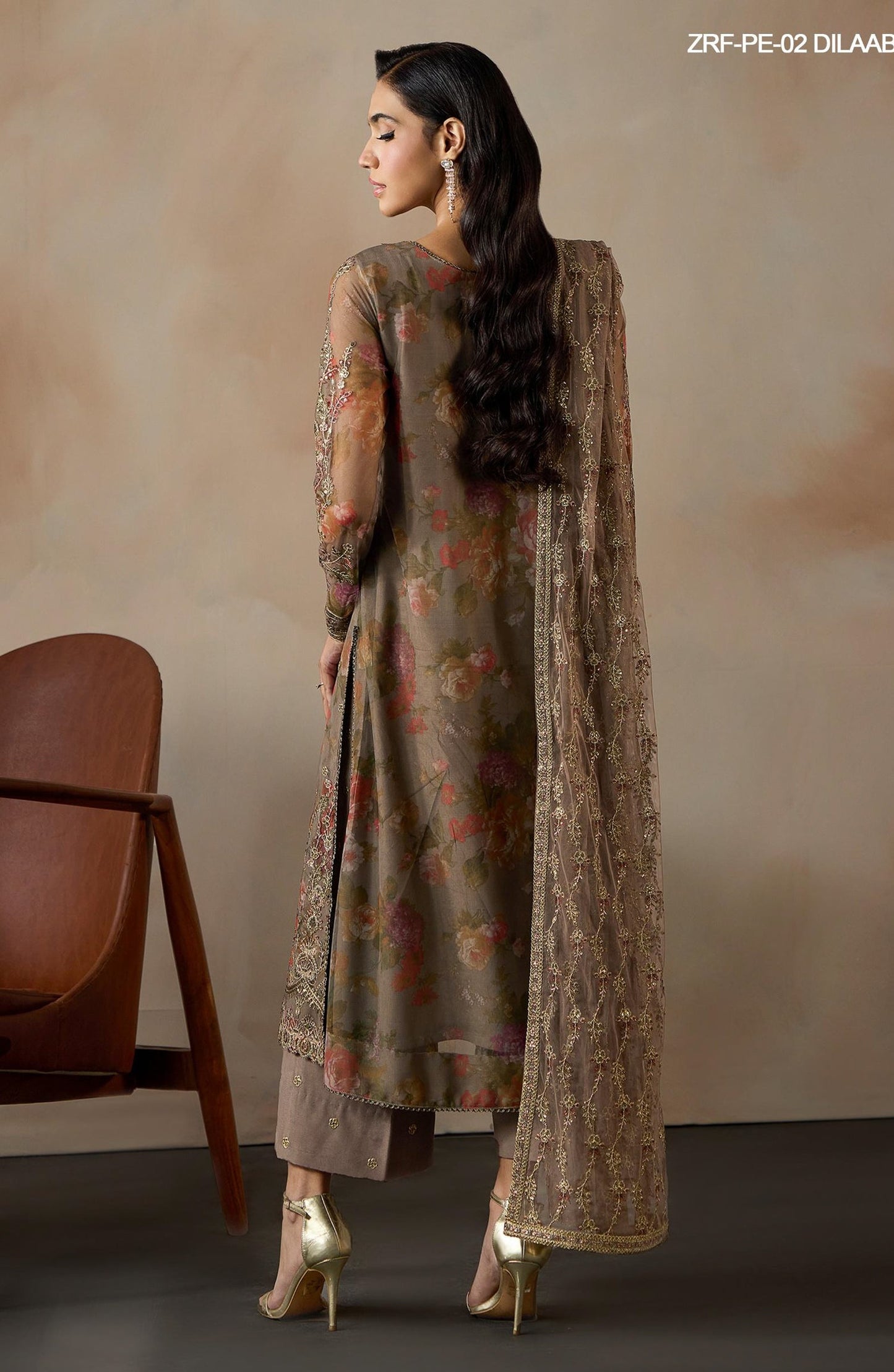 Fasana by Zarif Embroidered Net Unstitched 3 Piece Suit - PE-02 DILAAB - ZRF26FS - Beige - Formals Collection