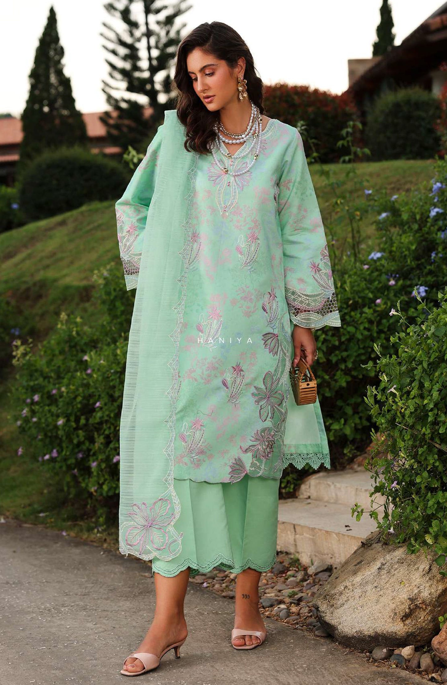 Florence by Rang Rasiya Embroidered Lawn Unstitched 3 Piece Suit - HANIYA - RR26FL - Sea Green - Summer Collection