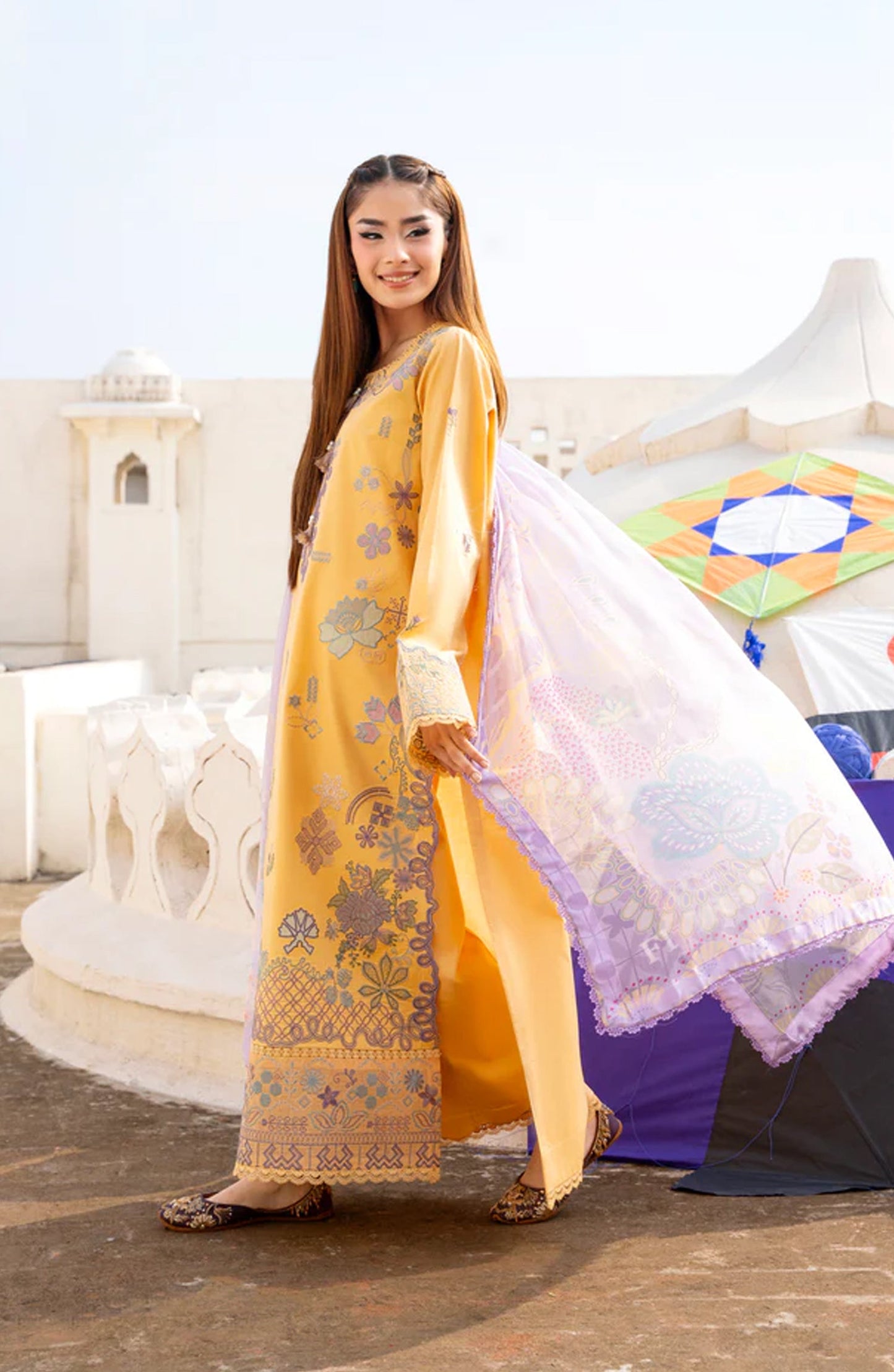 Florent Basant Embroidered Chikankari Unstitched 3 Piece Suit - FBC-1B - FL26BSN - Mustard - Summer Collection