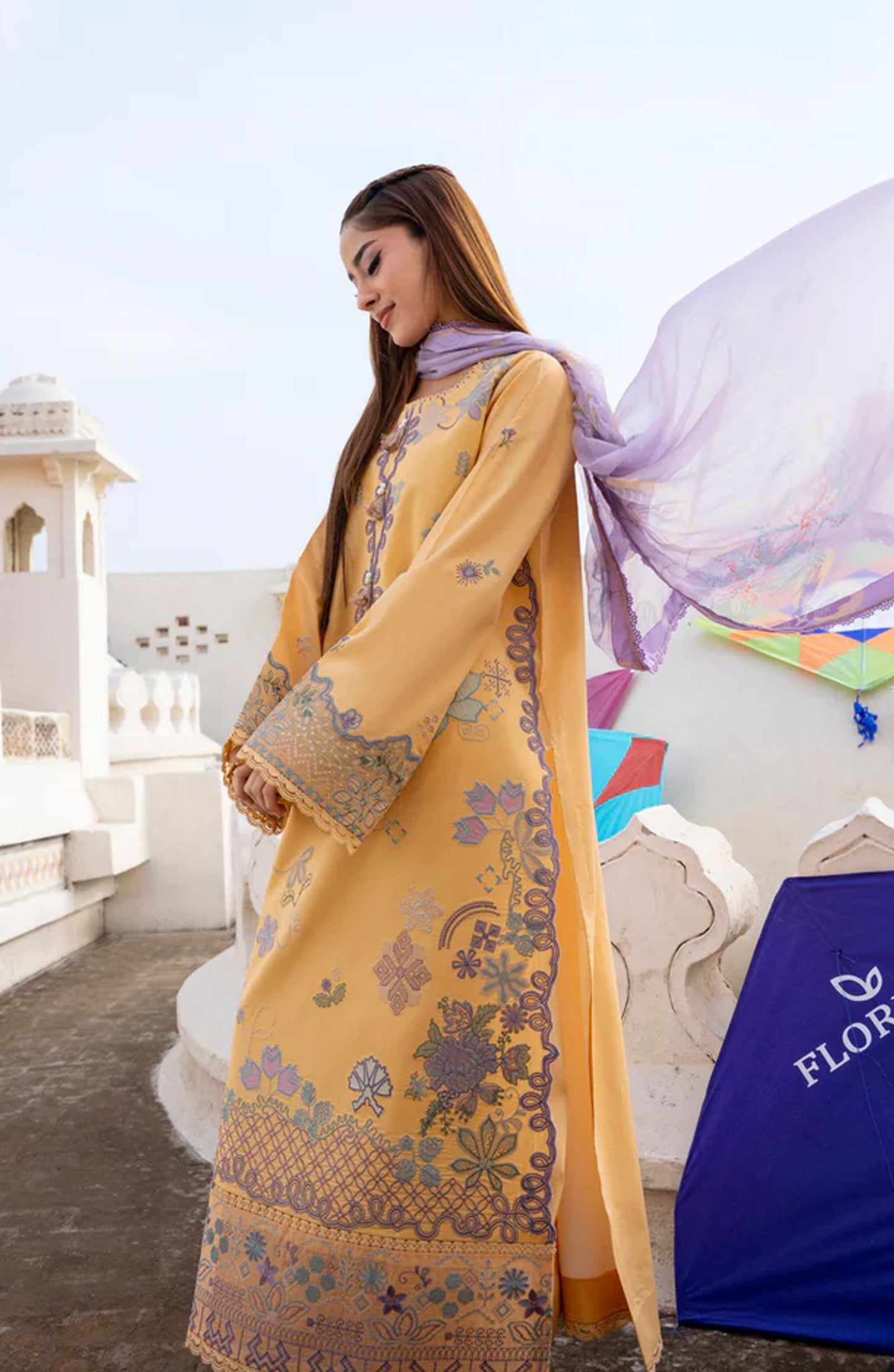 Florent Basant Embroidered Chikankari Unstitched 3 Piece Suit - FBC-1B - FL26BSN - Mustard - Summer Collection