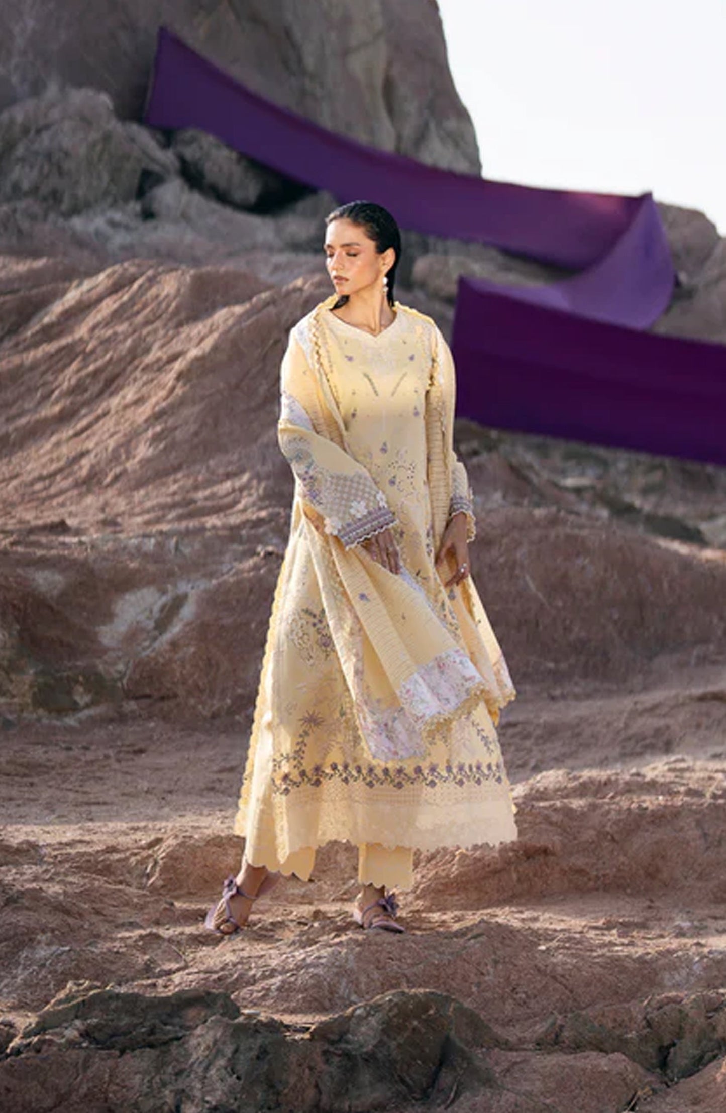 Florent Festive Luxury Embroidered Lawn Unstitched 3 Piece Suit - FLL-5A - FL26FLW - Yellow - Summer Collection