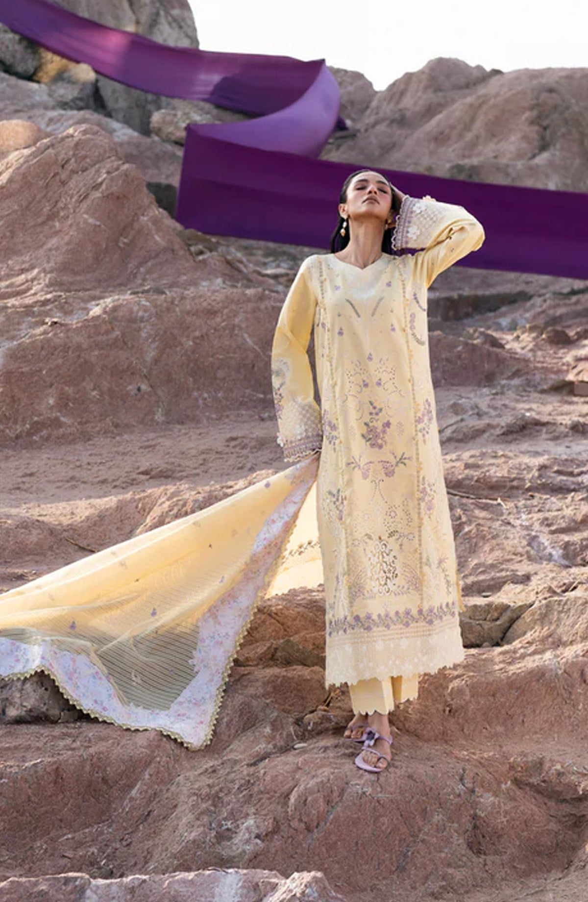Florent Festive Luxury Embroidered Lawn Unstitched 3 Piece Suit - FLL-5A - FL26FLW - Yellow - Summer Collection