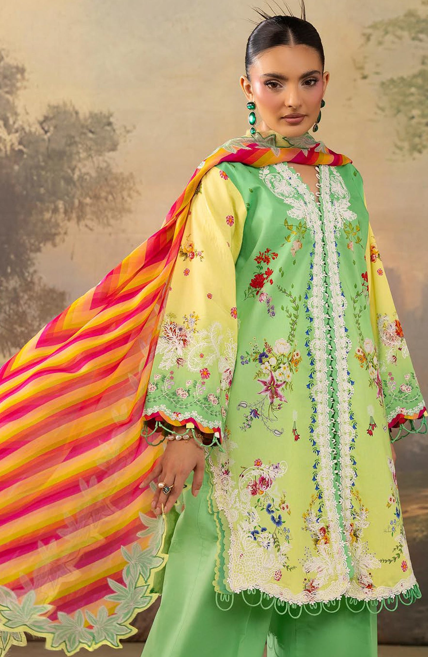 Florum by Joy Luxury Embroidered Lawn Unstitched 3 Piece Suit - D-07 - JY26FL - Green - Summer Collection