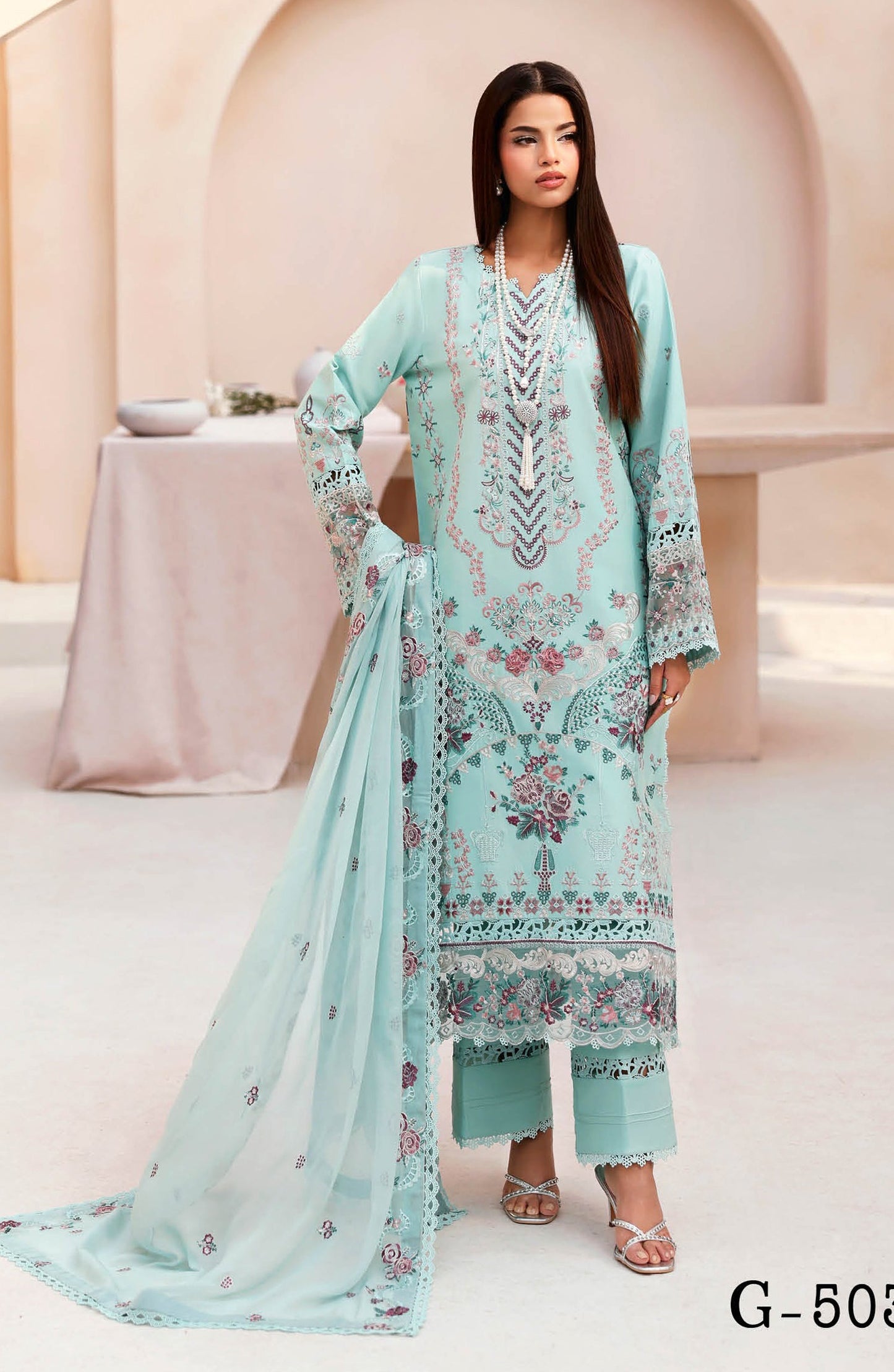 Ghazal by Ramsha Luxury Embroidered Lawn Unstitched 3 Piece Suit - G-503 - RM26GHZ - Blue - Summer Collection