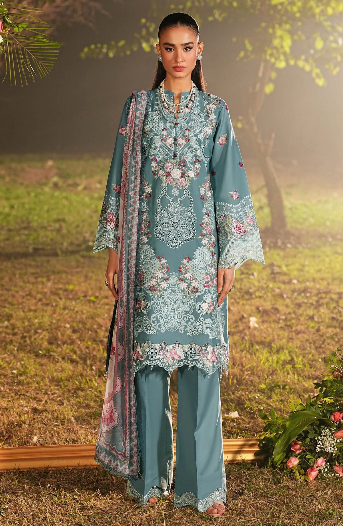 Ghazal by Ramsha Luxury Embroidered Lawn Unstitched 3 Piece Suit - G-608 - RM26GZL - Blue - Summer Collection