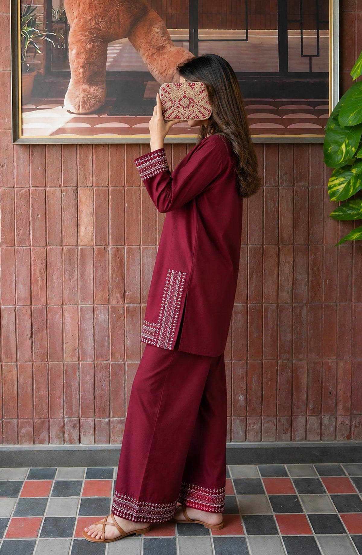 Gul Tanka by Amna Khadija Embroidered Cotton Stitched 2 Piece Co-ord Set - AKPGT-01 - AM26GTNK - Maroon - Summer Collection